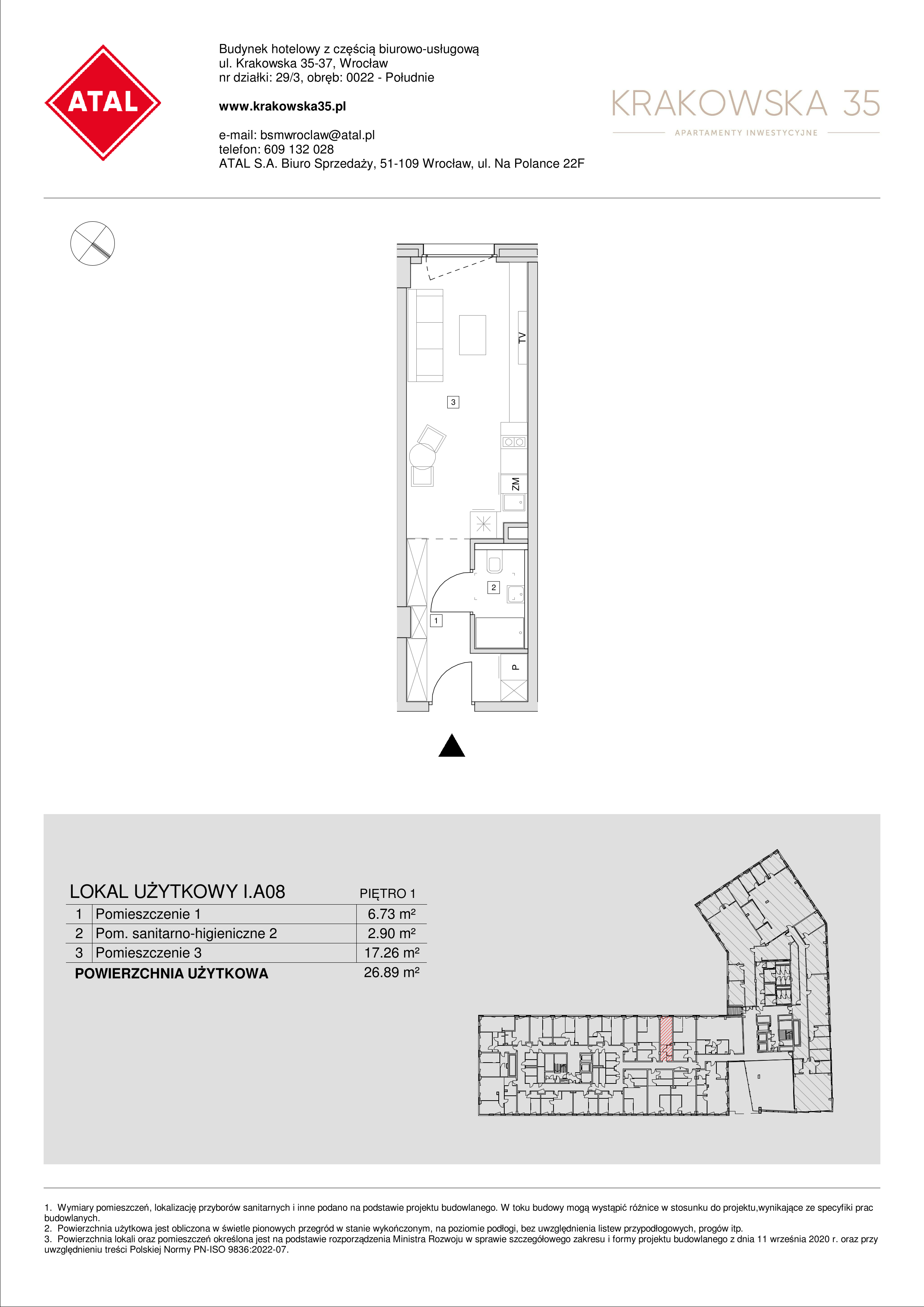 Mieszkanie 26,89 m², piętro 1, oferta nr I.A.08, Krakowska 35, Wrocław, Przedmieście Oławskie, Krzyki, ul. Krakowska-idx