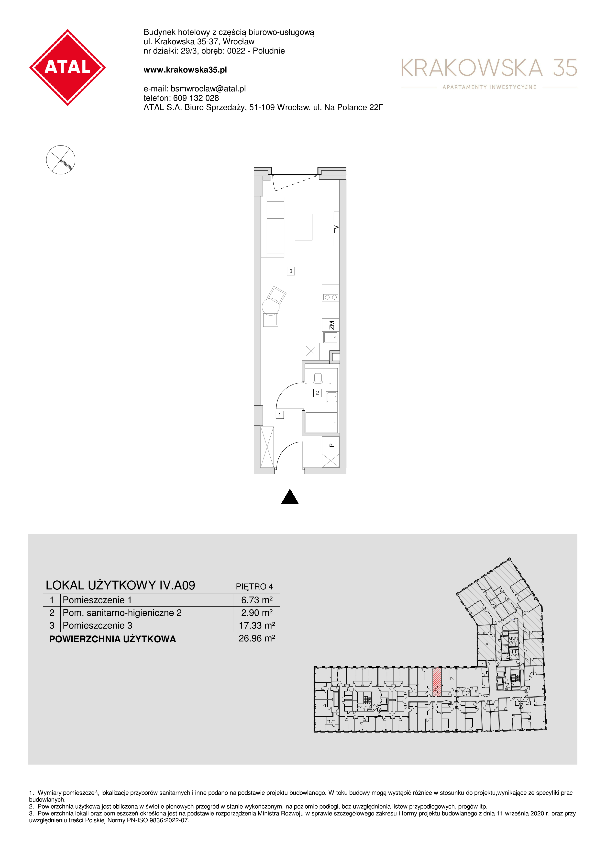 Mieszkanie 26,96 m², piętro 4, oferta nr IV.A.09, Krakowska 35, Wrocław, Przedmieście Oławskie, Krzyki, ul. Krakowska-idx