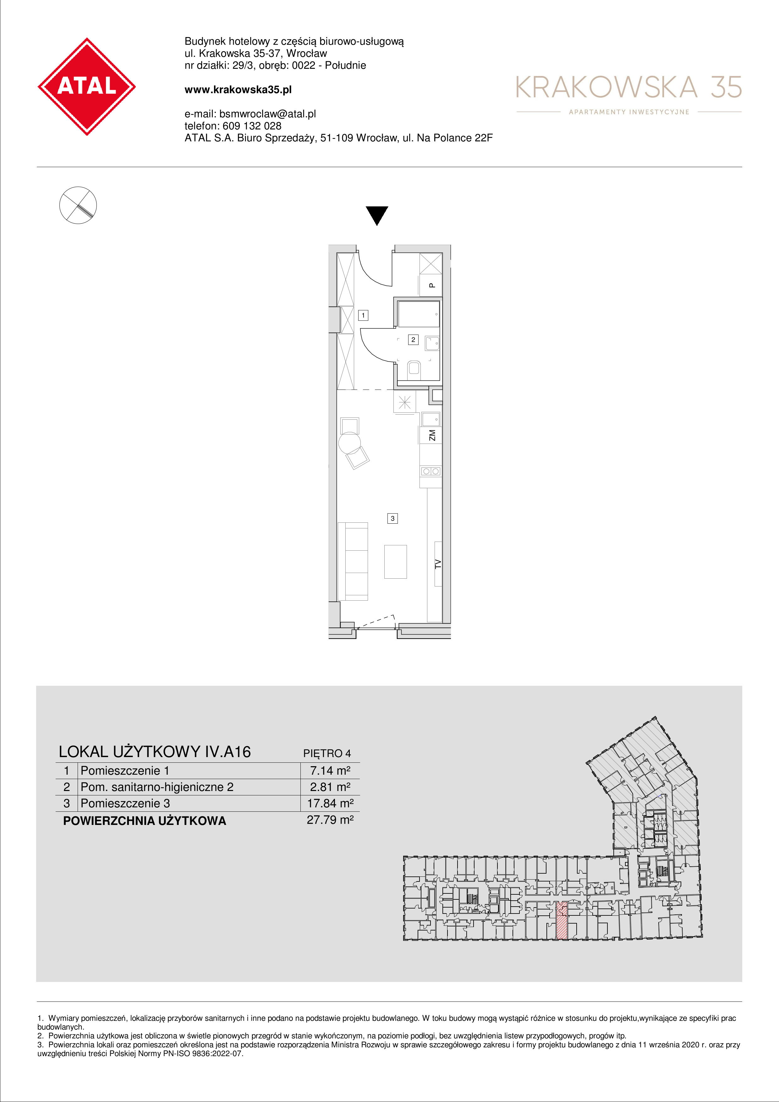 Mieszkanie 27,79 m², piętro 4, oferta nr IV.A.16, Krakowska 35, Wrocław, Przedmieście Oławskie, Krzyki, ul. Krakowska-idx