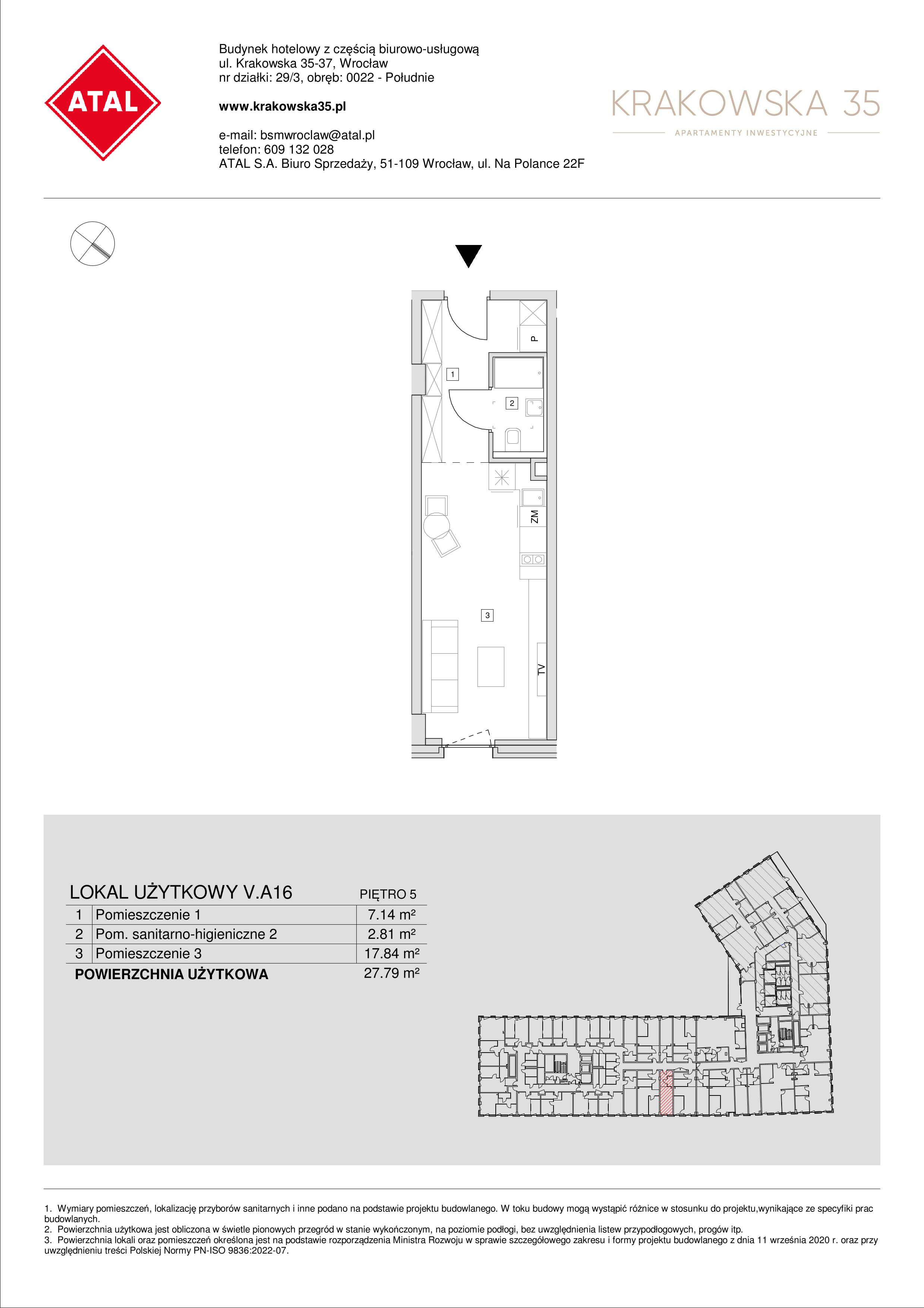 Mieszkanie 27,79 m², piętro 5, oferta nr V.A.16, Krakowska 35, Wrocław, Przedmieście Oławskie, Krzyki, ul. Krakowska-idx