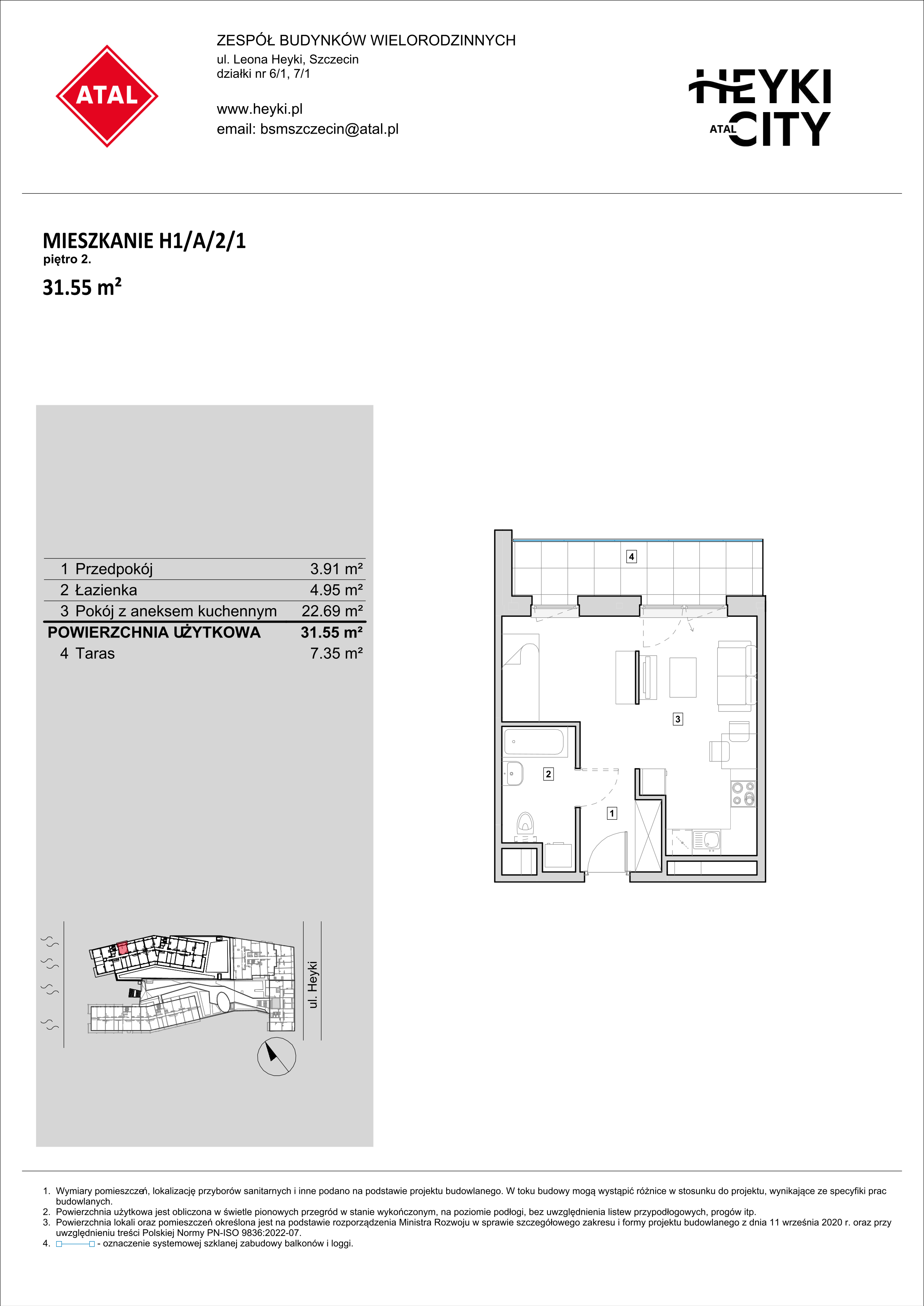 Mieszkanie 31,55 m², piętro 2, oferta nr H1-A-2-1, Heyki City ATAL, Szczecin, Prawobrzeże, Międzyodrze, ul. Leona Heyki-idx