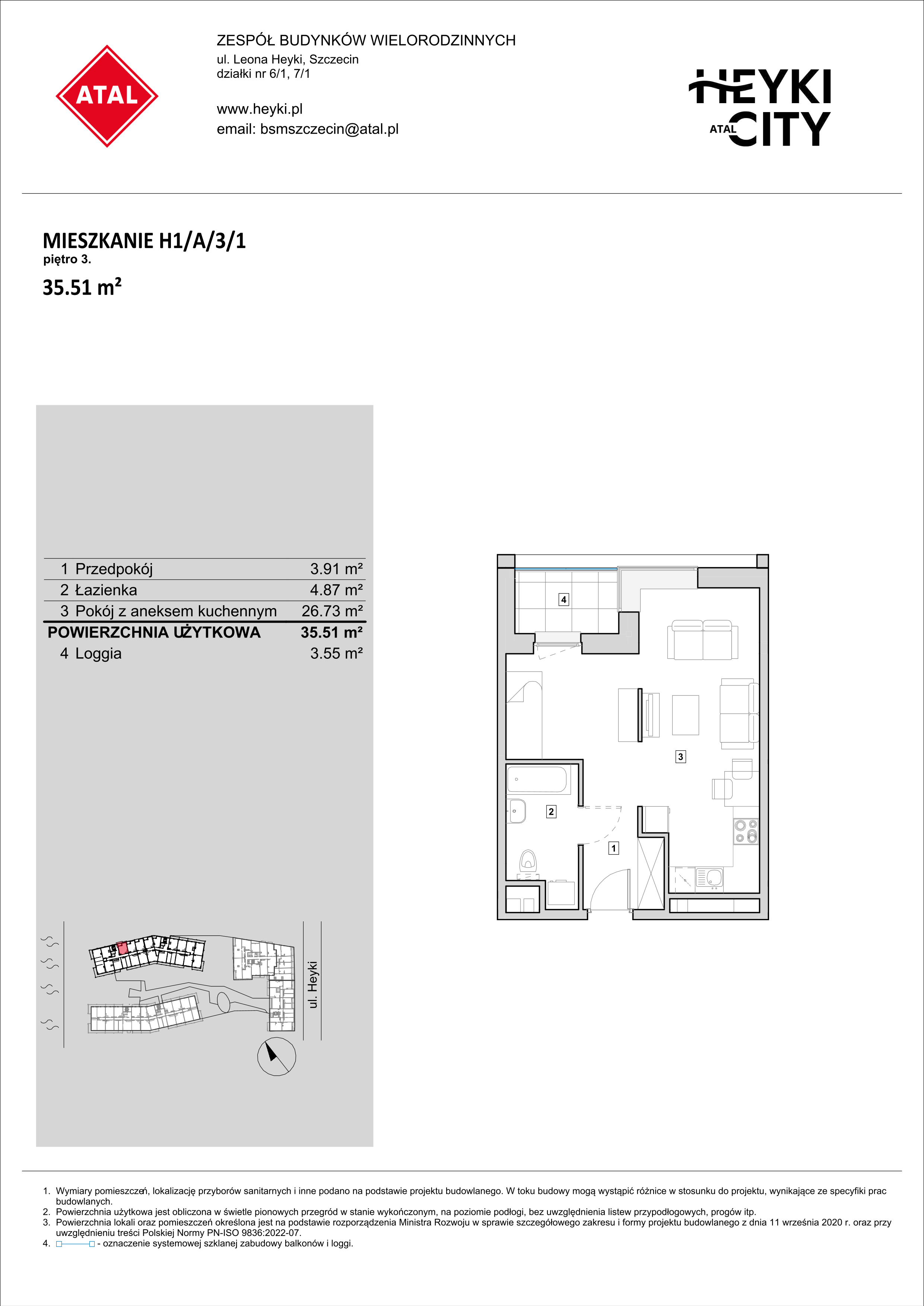 Mieszkanie 35,51 m², piętro 3, oferta nr H1-A-3-1, Heyki City ATAL, Szczecin, Prawobrzeże, Międzyodrze, ul. Leona Heyki-idx