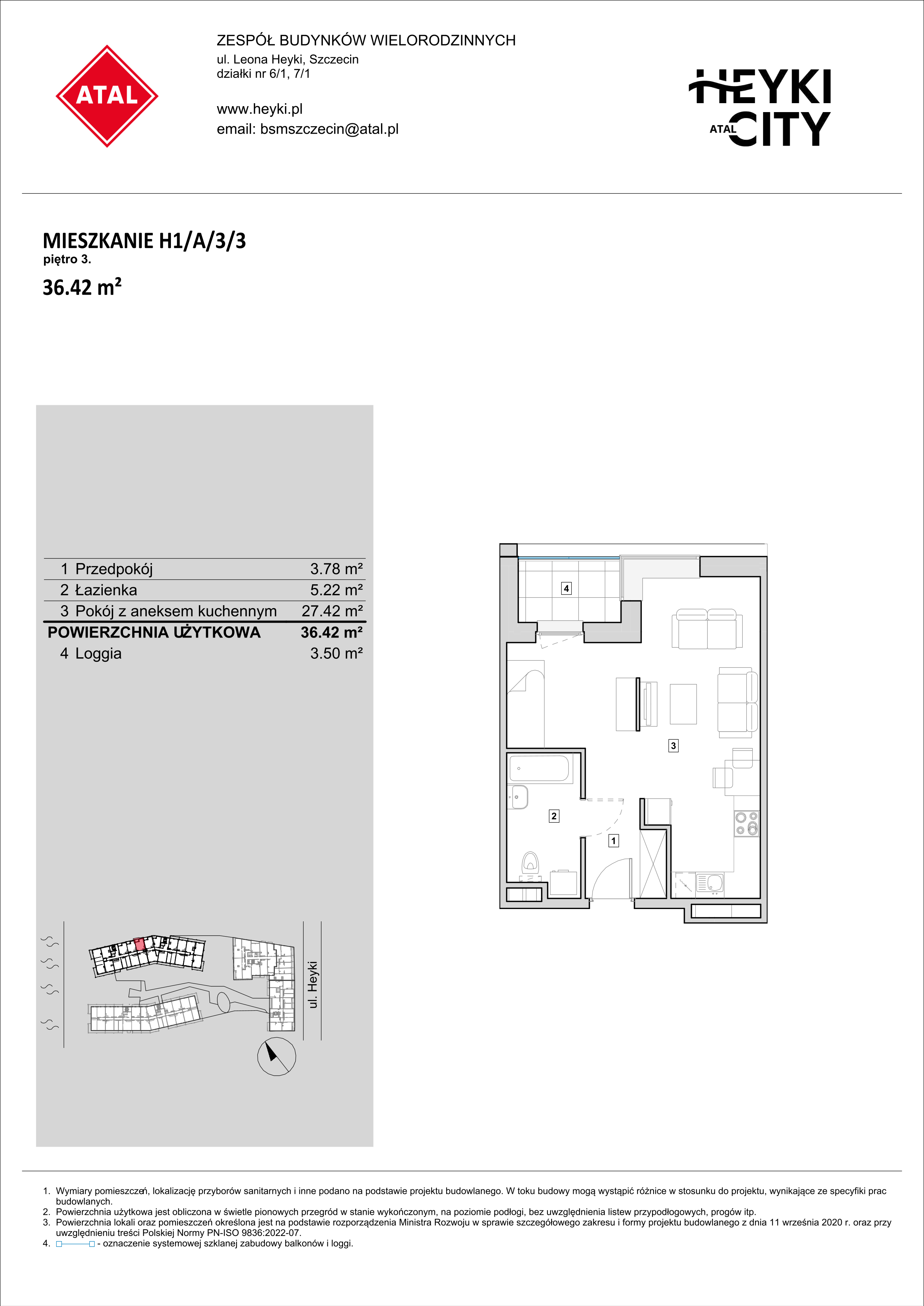 Mieszkanie 36,42 m², piętro 3, oferta nr H1-A-3-3, Heyki City ATAL, Szczecin, Prawobrzeże, Międzyodrze, ul. Leona Heyki-idx