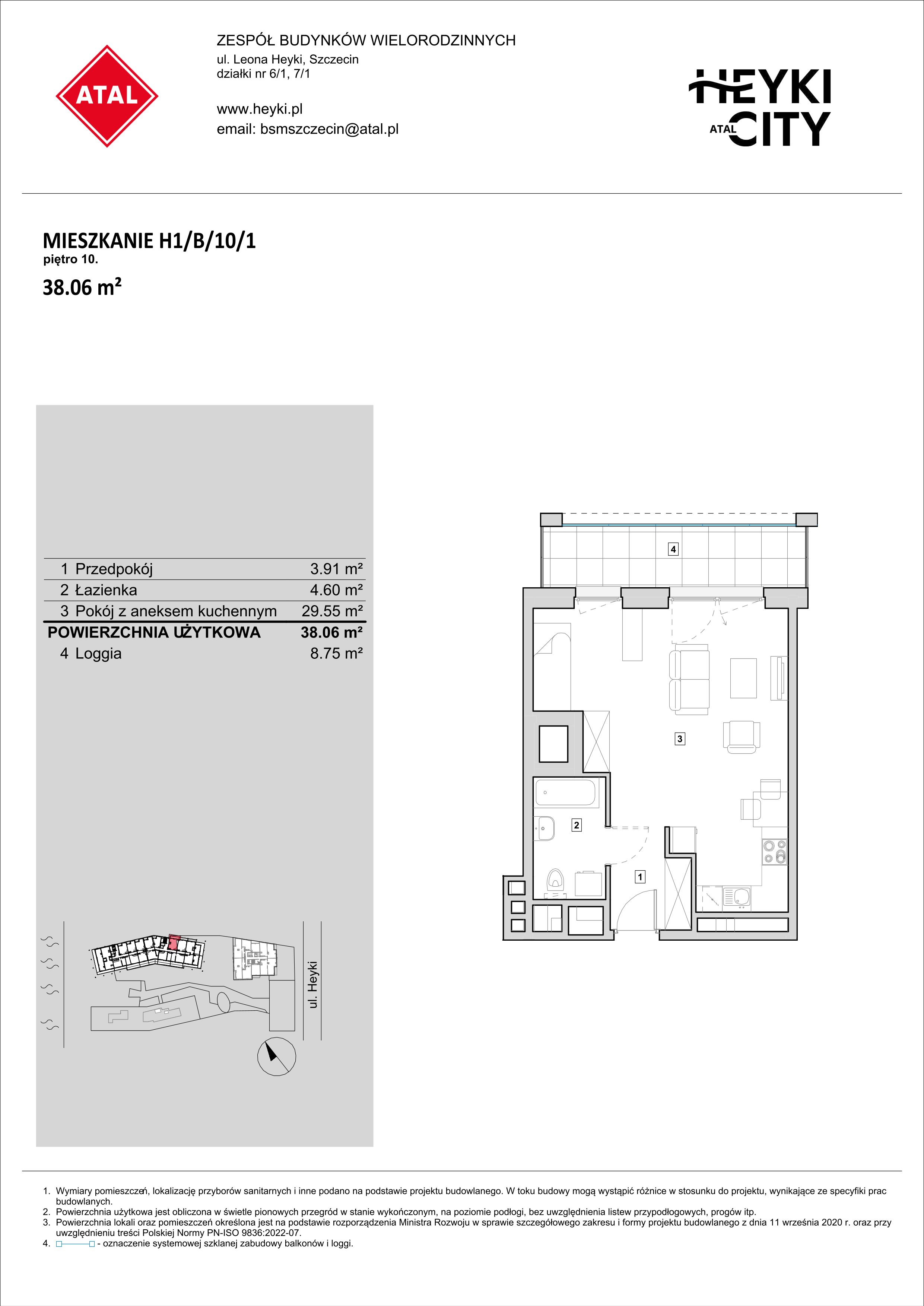 Mieszkanie 38,06 m², piętro 10, oferta nr H1-B-10-1, Heyki City ATAL, Szczecin, Prawobrzeże, Międzyodrze, ul. Leona Heyki-idx