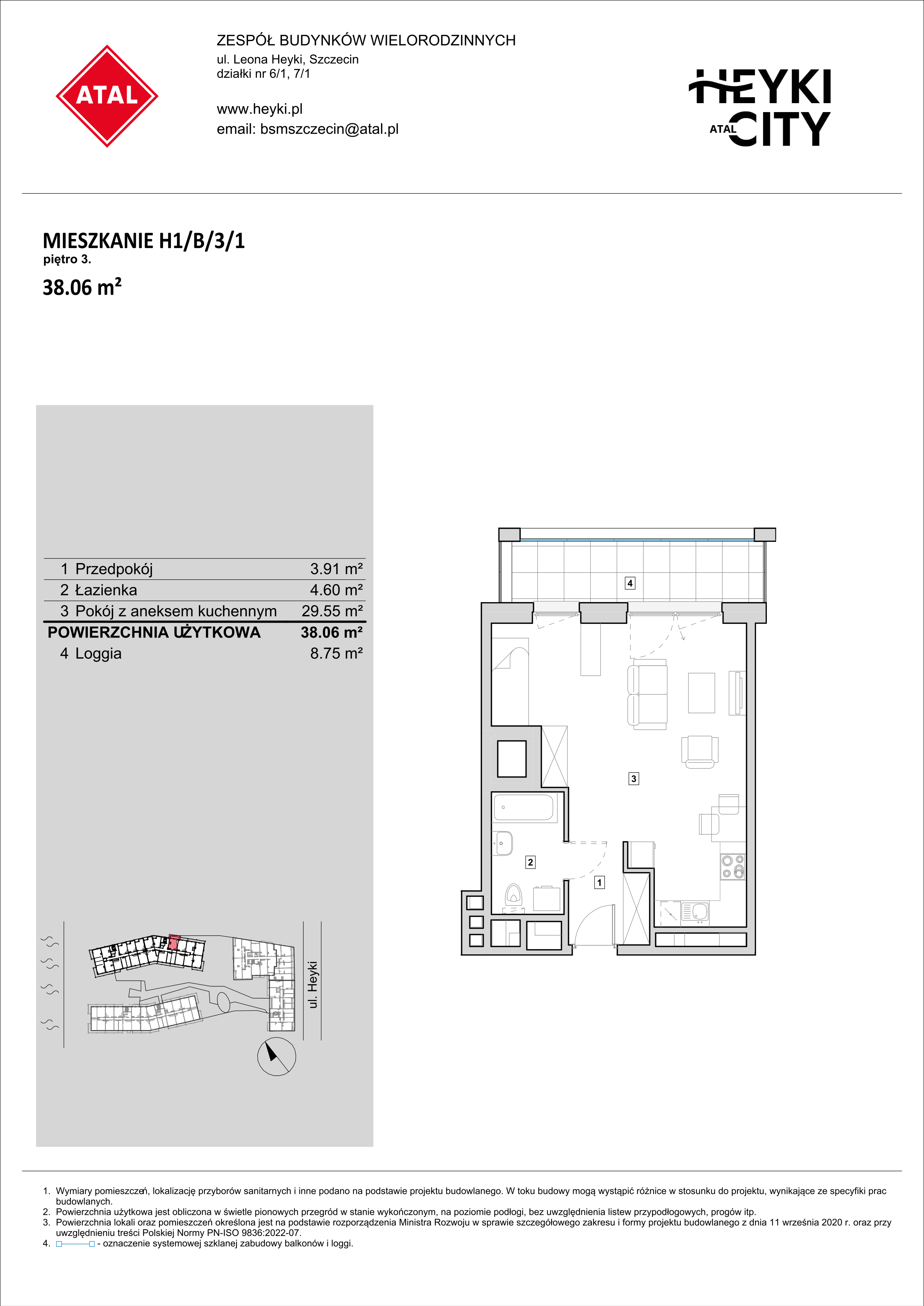 Mieszkanie 38,06 m², piętro 3, oferta nr H1-B-3-1, Heyki City ATAL, Szczecin, Prawobrzeże, Międzyodrze, ul. Leona Heyki-idx