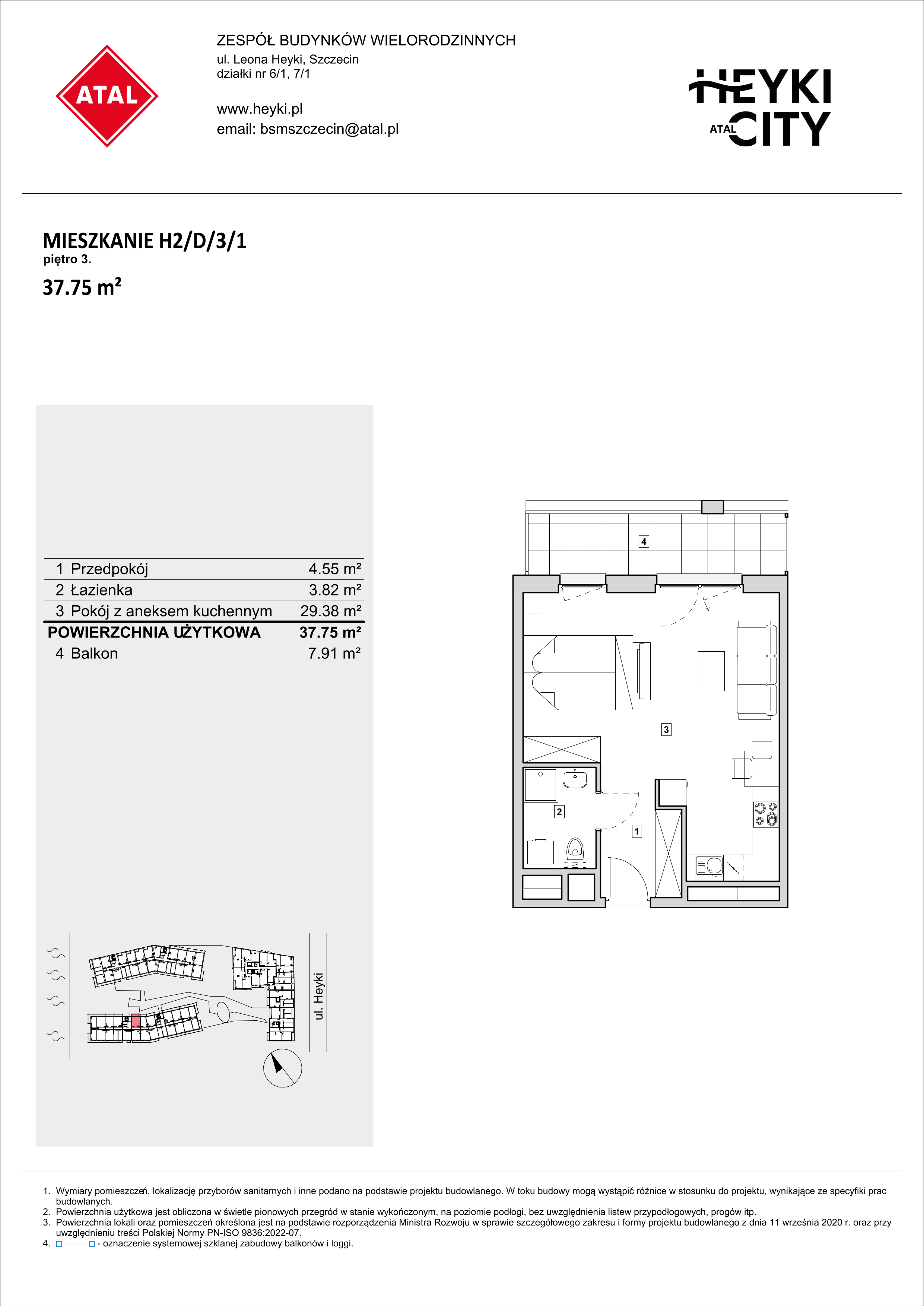 Mieszkanie 37,75 m², piętro 3, oferta nr H2-D-3-1, Heyki City ATAL, Szczecin, Prawobrzeże, Międzyodrze, ul. Leona Heyki-idx