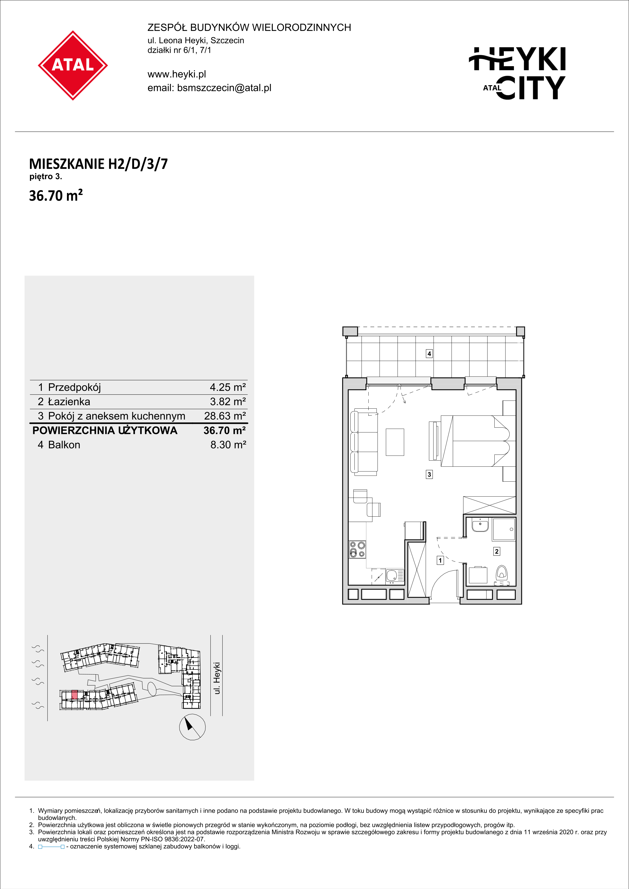 Mieszkanie 36,70 m², piętro 3, oferta nr H2-D-3-7, Heyki City ATAL, Szczecin, Prawobrzeże, Międzyodrze, ul. Leona Heyki-idx