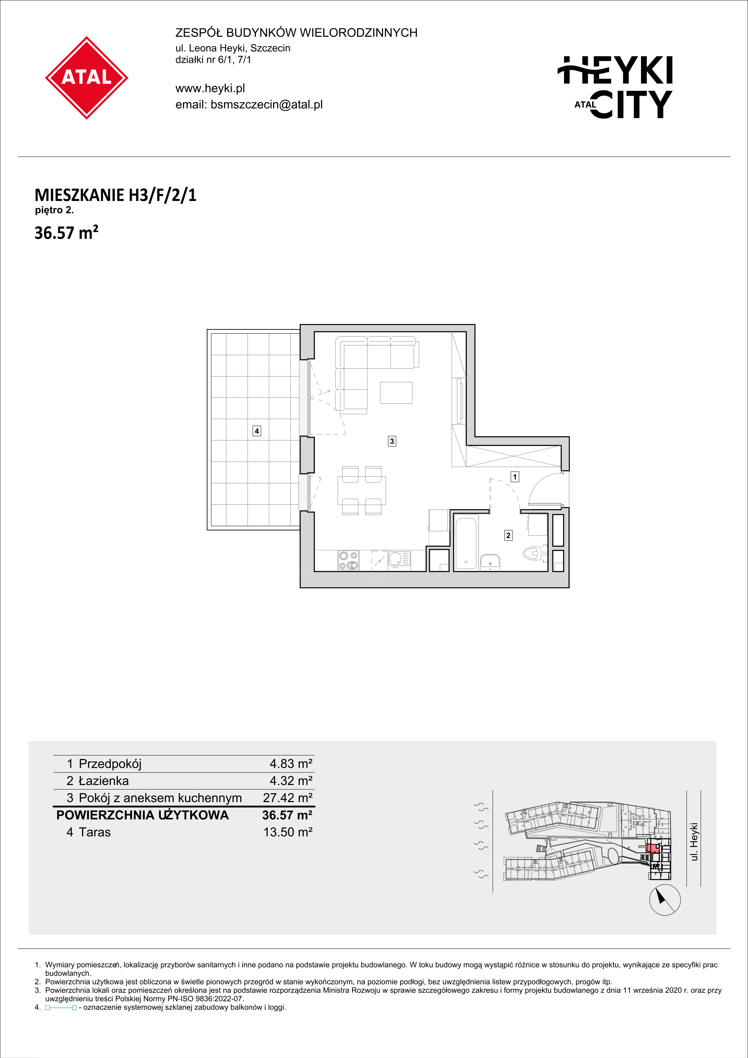 Mieszkanie 36,57 m², piętro 2, oferta nr H3-F-2-1, Heyki City ATAL, Szczecin, Prawobrzeże, Międzyodrze, ul. Leona Heyki-idx