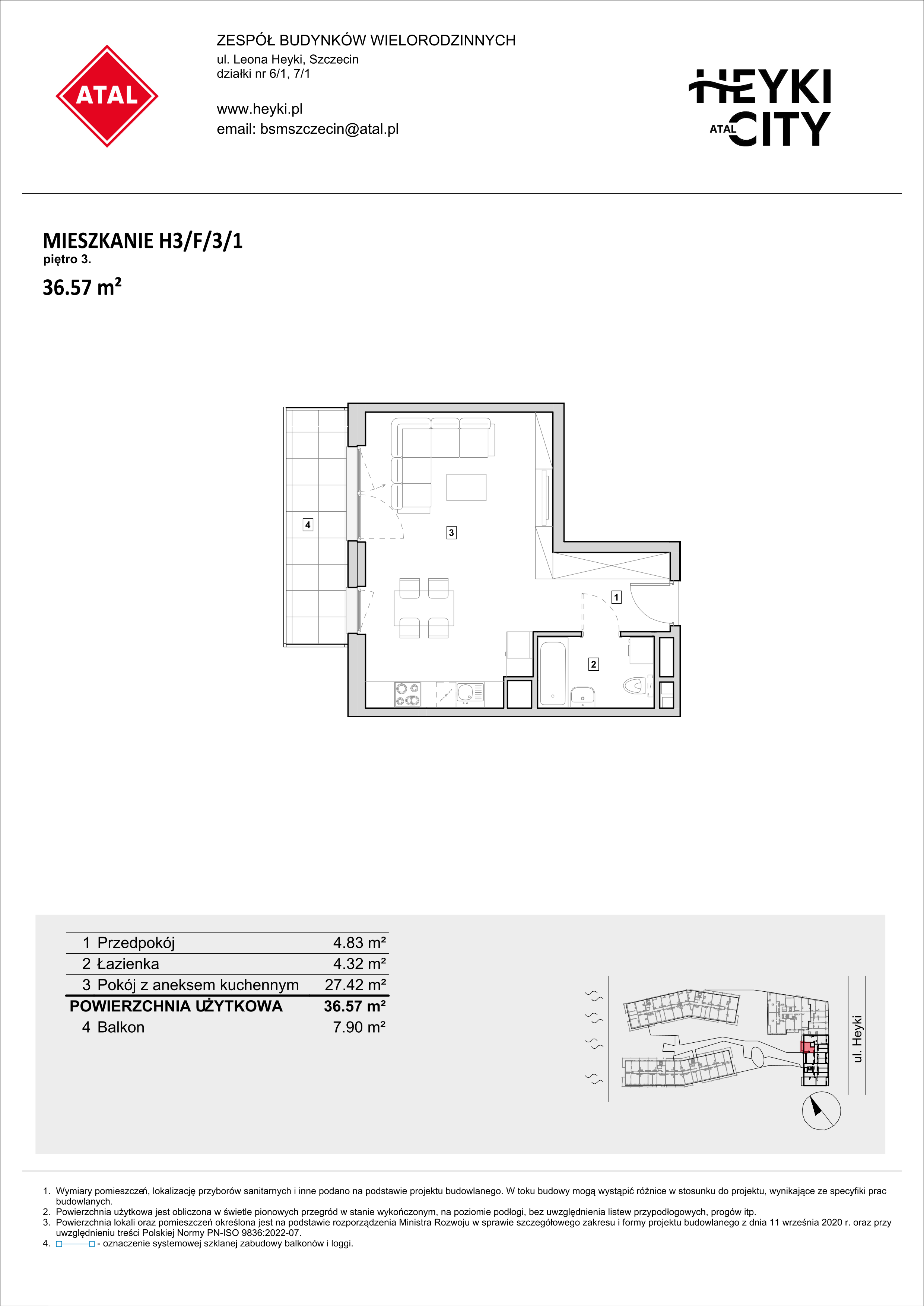 Mieszkanie 36,57 m², piętro 3, oferta nr H3-F-3-1, Heyki City ATAL, Szczecin, Prawobrzeże, Międzyodrze, ul. Leona Heyki-idx