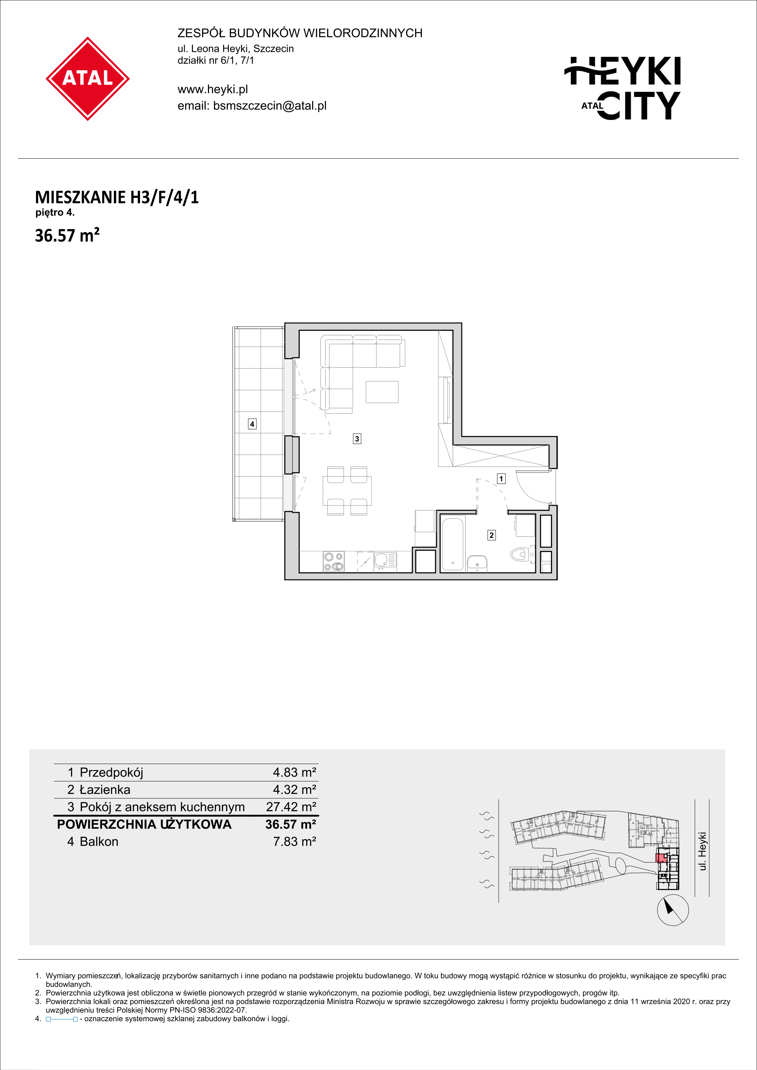 Mieszkanie 36,57 m², piętro 4, oferta nr H3-F-4-1, Heyki City ATAL, Szczecin, Prawobrzeże, Międzyodrze, ul. Leona Heyki-idx