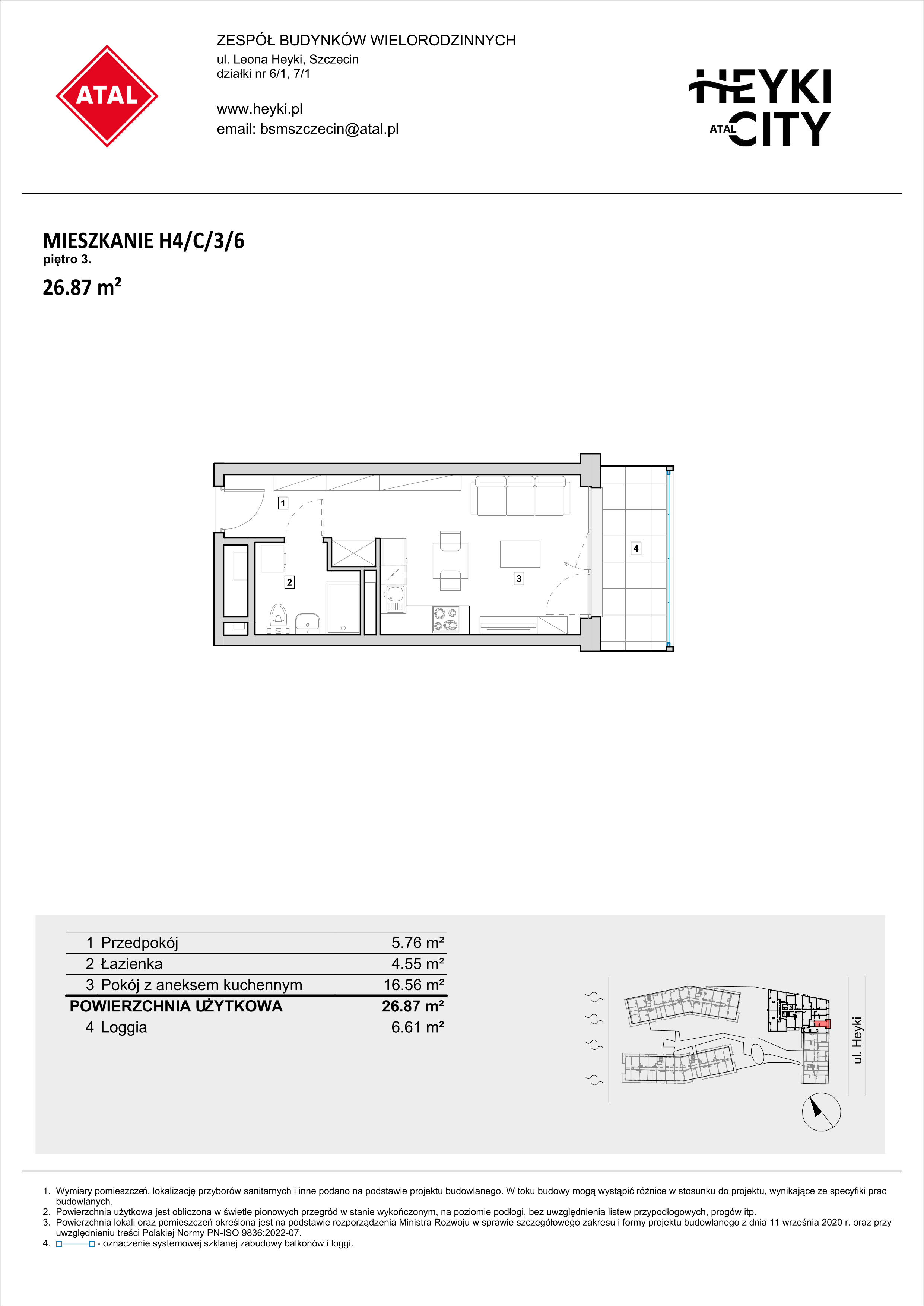 Mieszkanie 26,87 m², piętro 3, oferta nr H4-C-3-6, Heyki City ATAL, Szczecin, Prawobrzeże, Międzyodrze, ul. Leona Heyki-idx