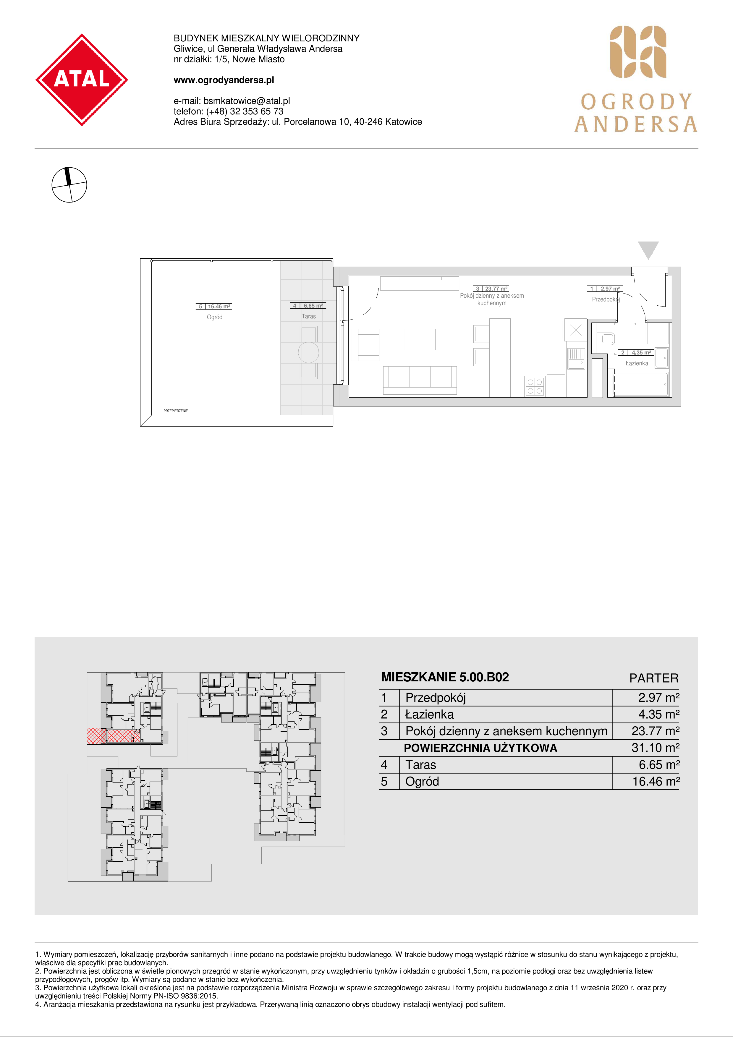 Mieszkanie 31,10 m², parter, oferta nr 5.00.B02, Ogrody Andersa, Gliwice, Wojska Polskiego, ul. Leopolda Okulickiego-idx