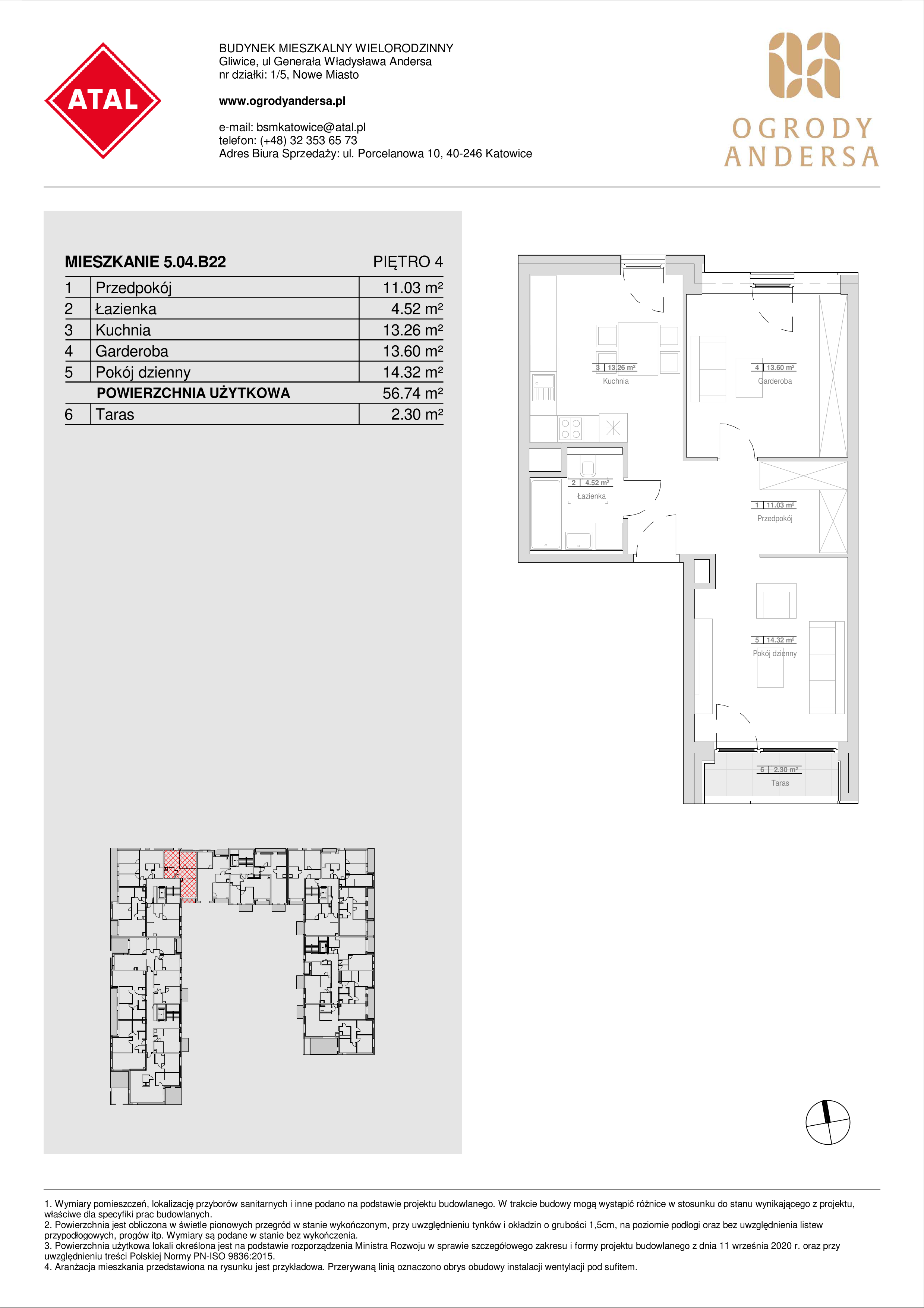 Mieszkanie 56,74 m², piętro 4, oferta nr 5.04.B22, Ogrody Andersa, Gliwice, Wojska Polskiego, ul. Leopolda Okulickiego-idx