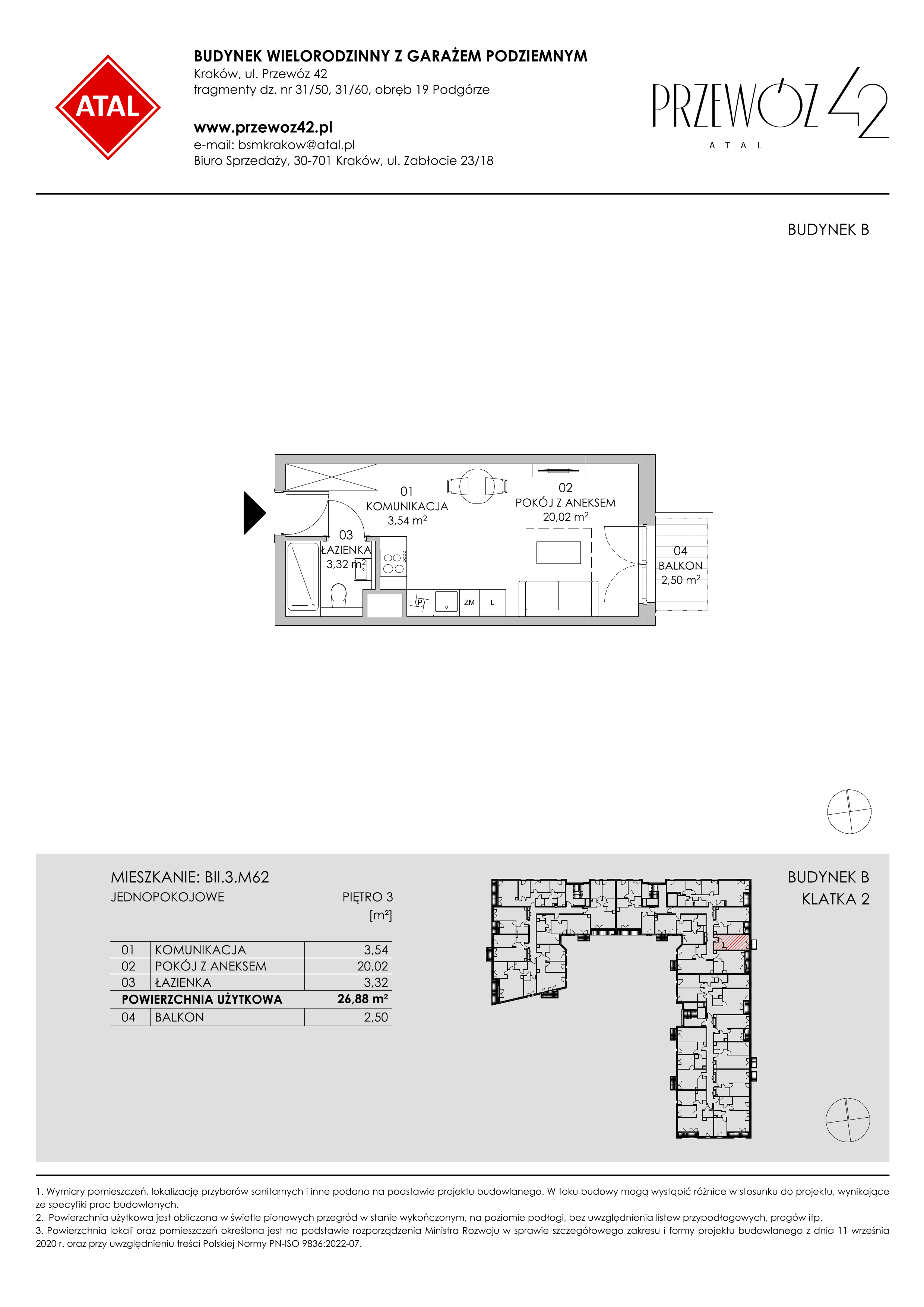 Mieszkanie 26,88 m², piętro 3, oferta nr BII.3.M62, Przewóz 42 ATAL II, Kraków, Podgórze, Płaszów, ul. Przewóz 42-idx