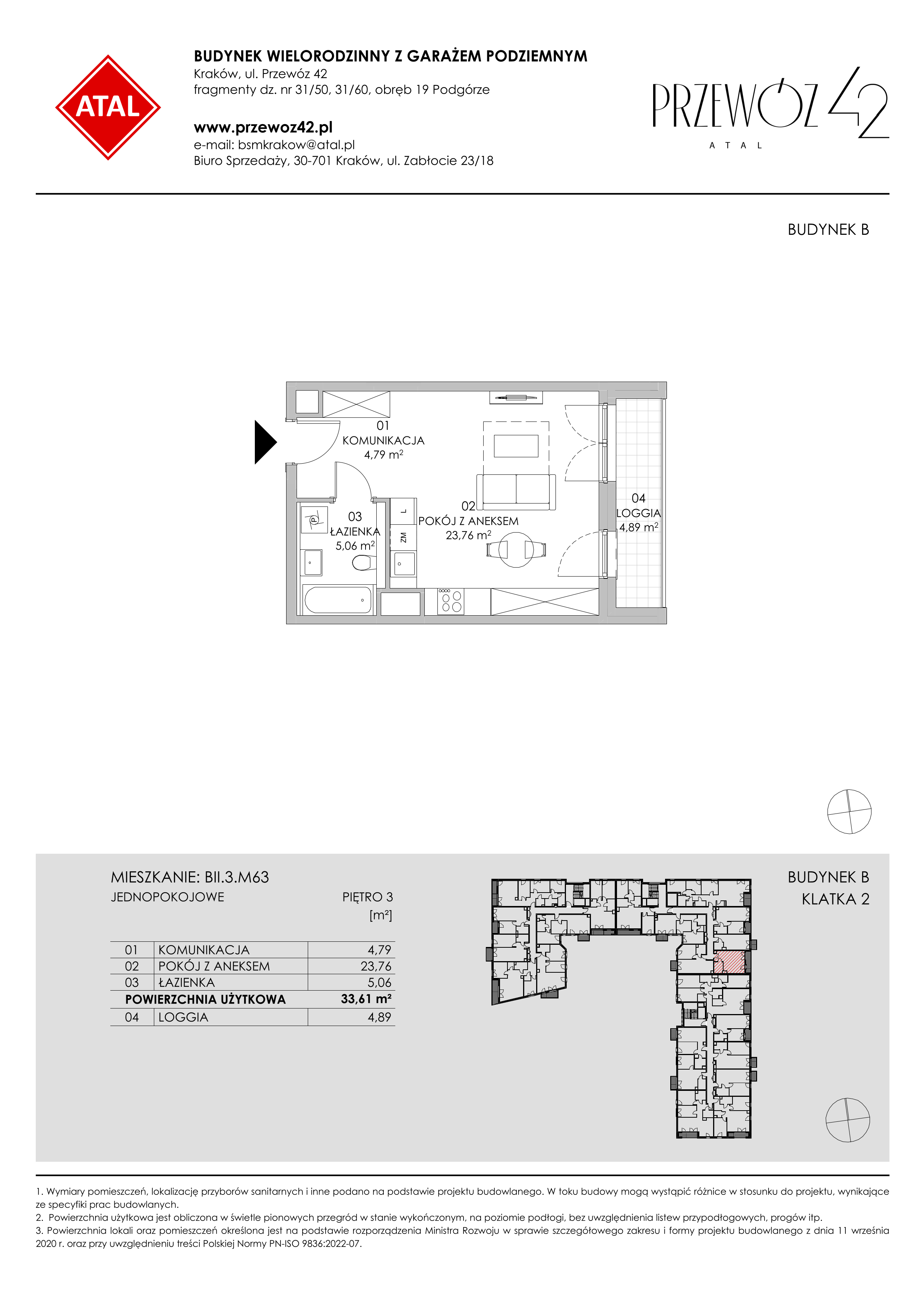 Mieszkanie 33,61 m², piętro 3, oferta nr BII.3.M63, Przewóz 42 ATAL II, Kraków, Podgórze, Płaszów, ul. Przewóz 42-idx