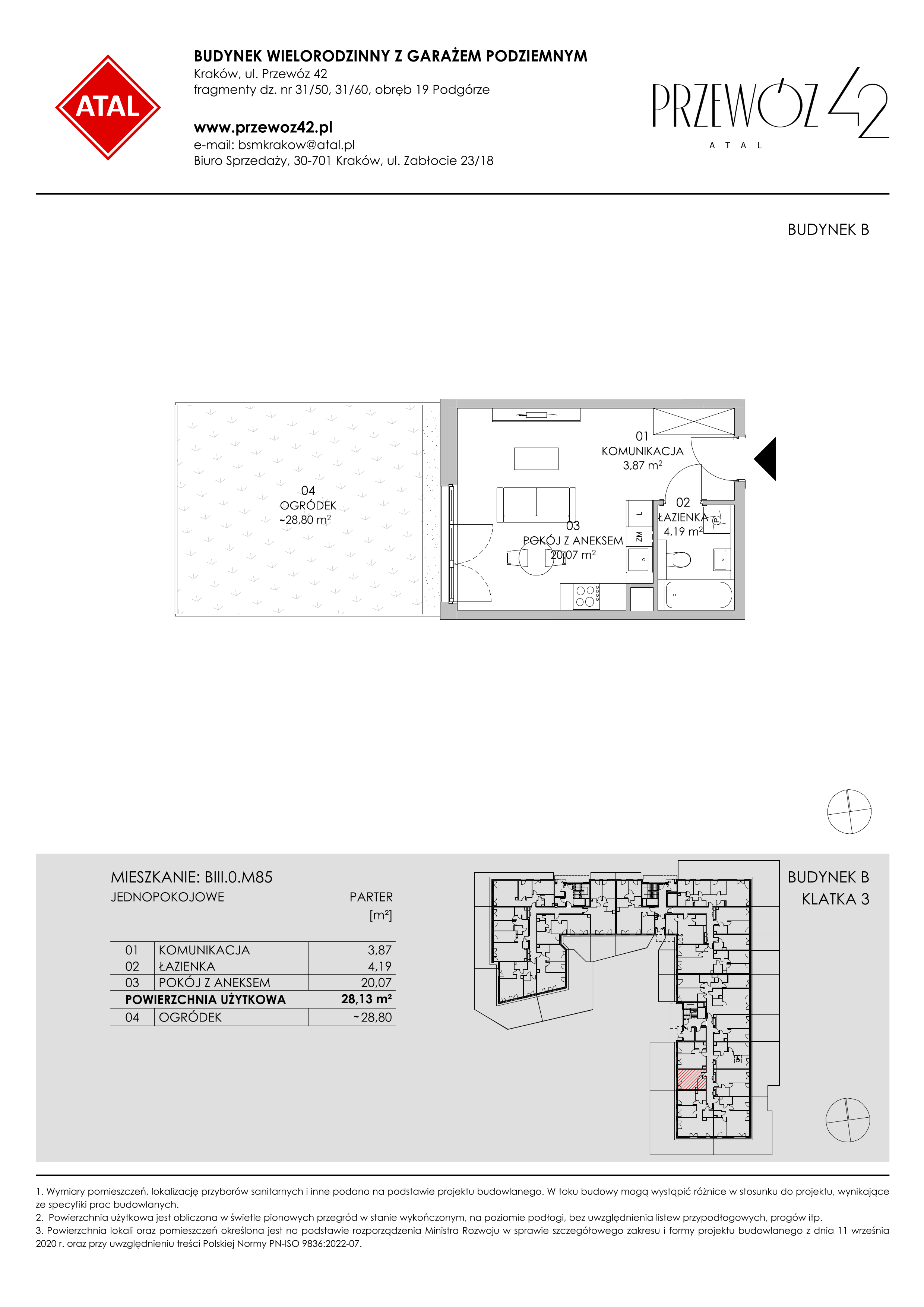 Mieszkanie 28,13 m², parter, oferta nr BIII.0.M85, Przewóz 42 ATAL II, Kraków, Podgórze, Płaszów, ul. Przewóz 42-idx