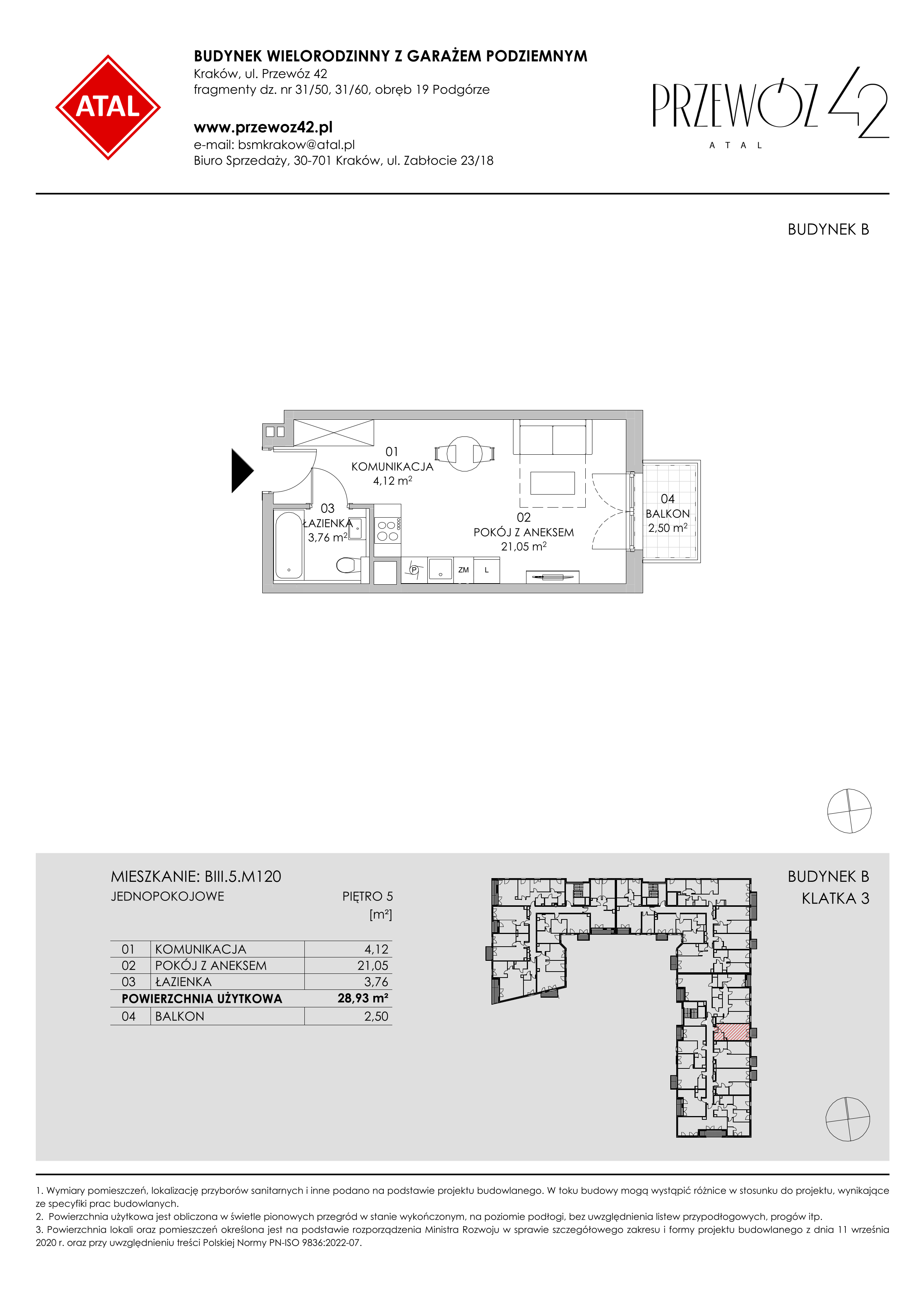 Mieszkanie 28,93 m², piętro 5, oferta nr BIII.5.M120, Przewóz 42 ATAL II, Kraków, Podgórze, Płaszów, ul. Przewóz 42-idx