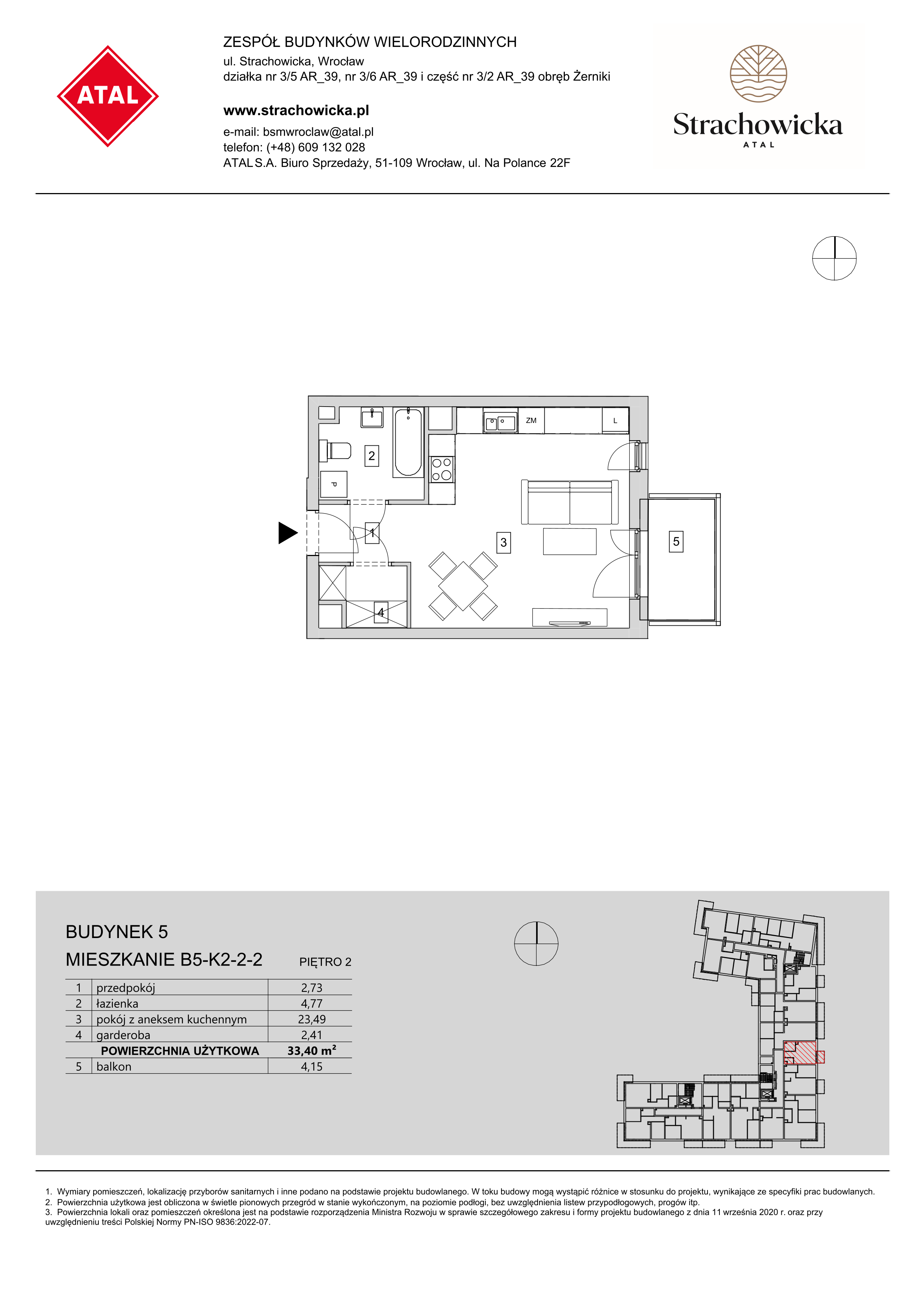 Mieszkanie 33,40 m², piętro 2, oferta nr B5-K2-2-2, ATAL Strachowicka, Wrocław, Żerniki, Fabryczna, ul. Strachowicka-idx