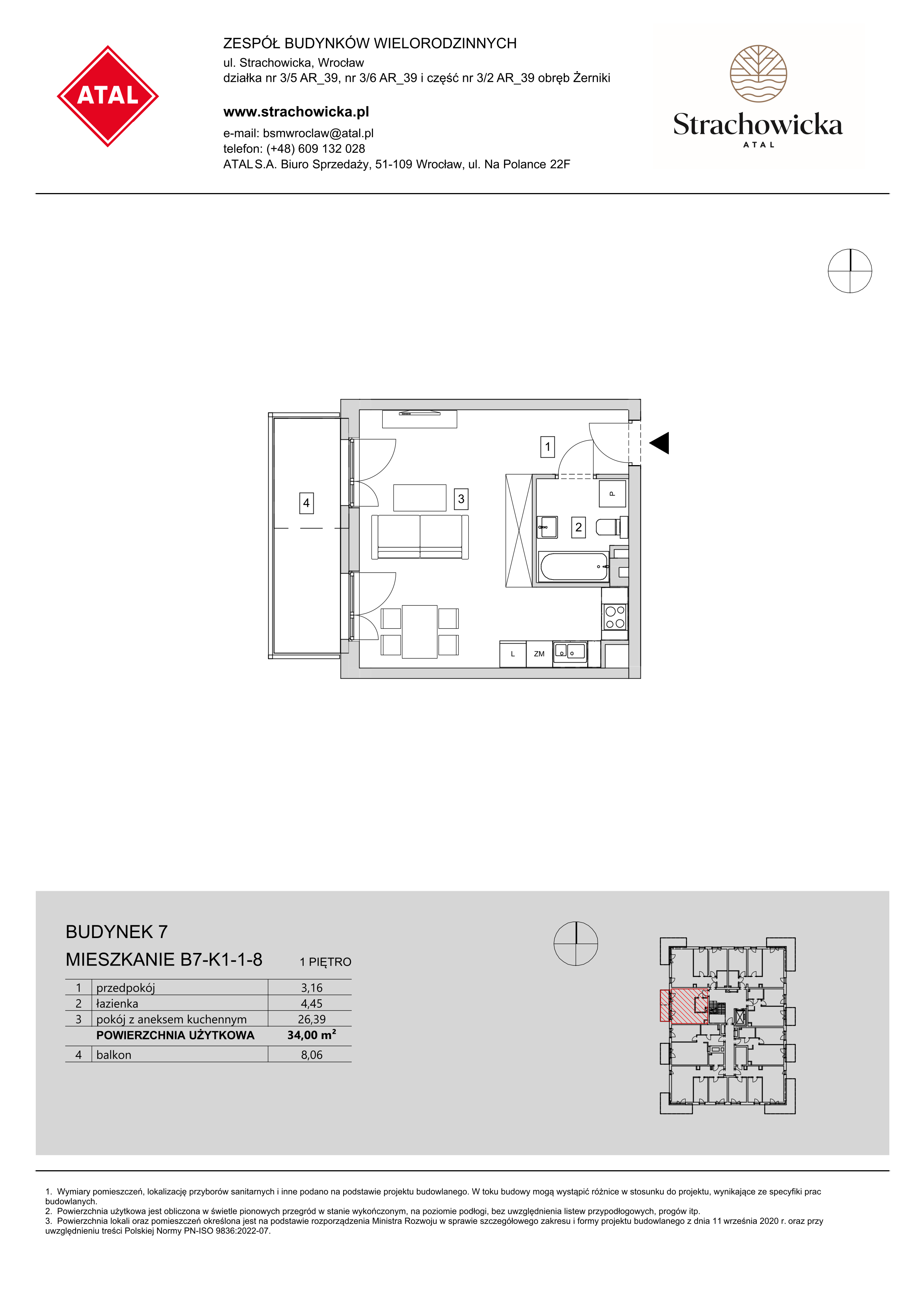 Mieszkanie 34,00 m², piętro 1, oferta nr B7-K1-1-8, ATAL Strachowicka, Wrocław, Żerniki, Fabryczna, ul. Strachowicka-idx