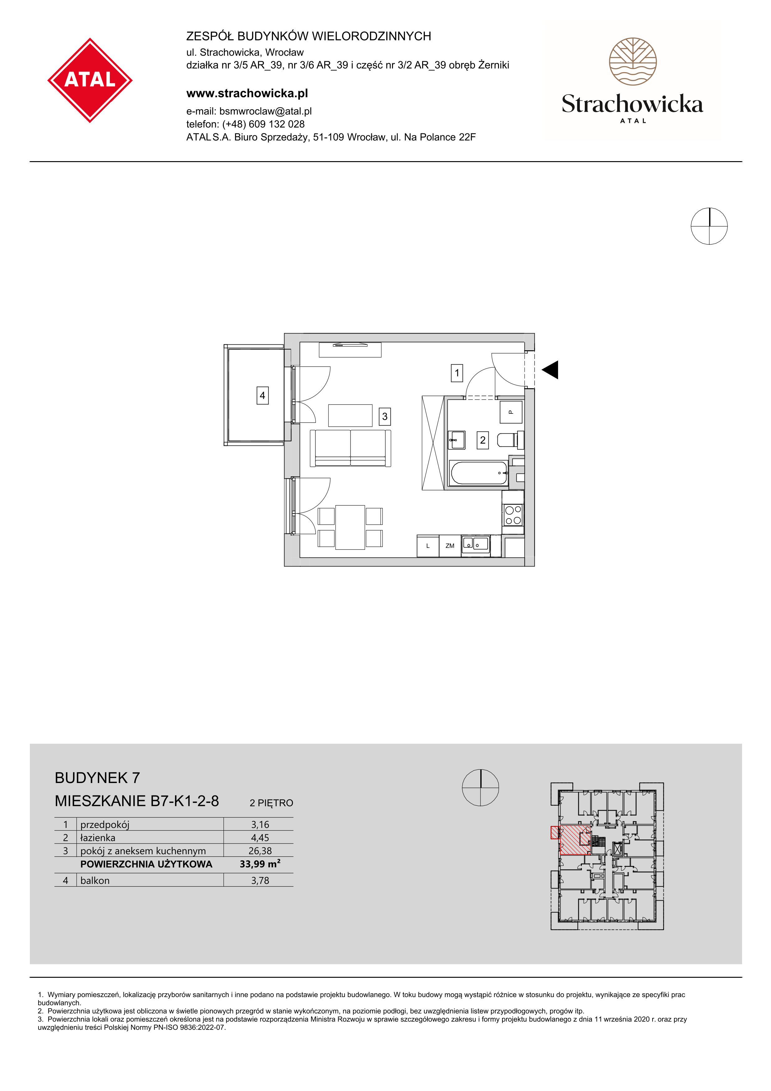 Mieszkanie 33,99 m², piętro 2, oferta nr B7-K1-2-8, ATAL Strachowicka, Wrocław, Żerniki, Fabryczna, ul. Strachowicka-idx