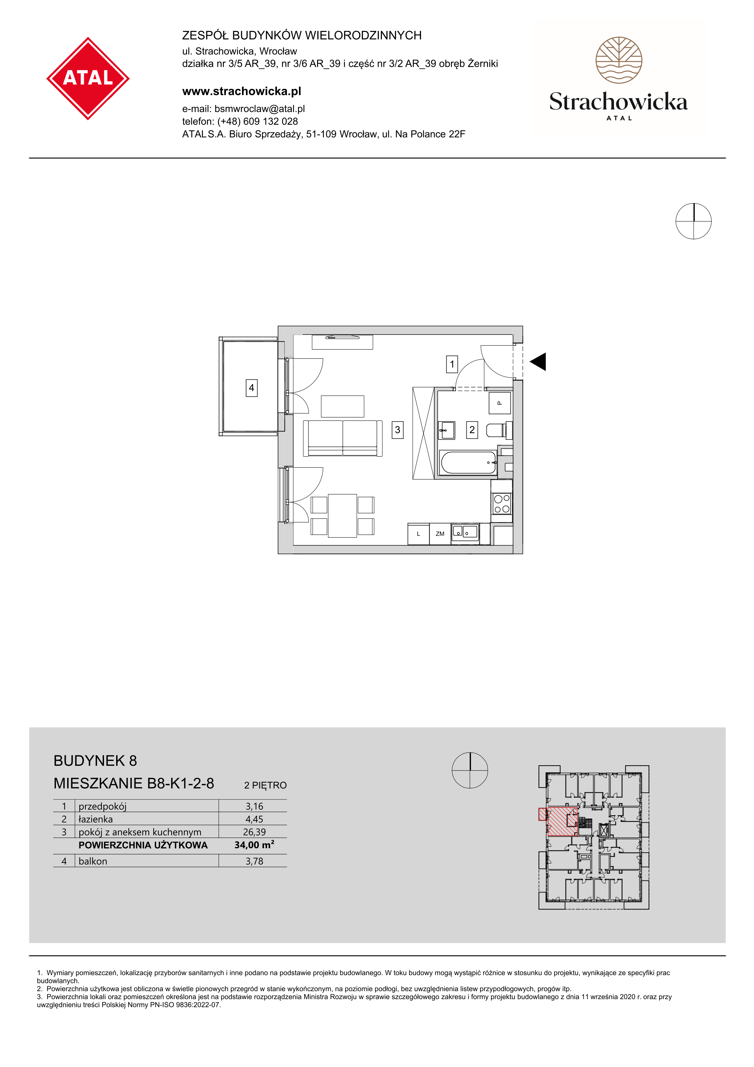 Mieszkanie 34,00 m², piętro 2, oferta nr B8-K1-2-8, ATAL Strachowicka, Wrocław, Żerniki, Fabryczna, ul. Strachowicka-idx