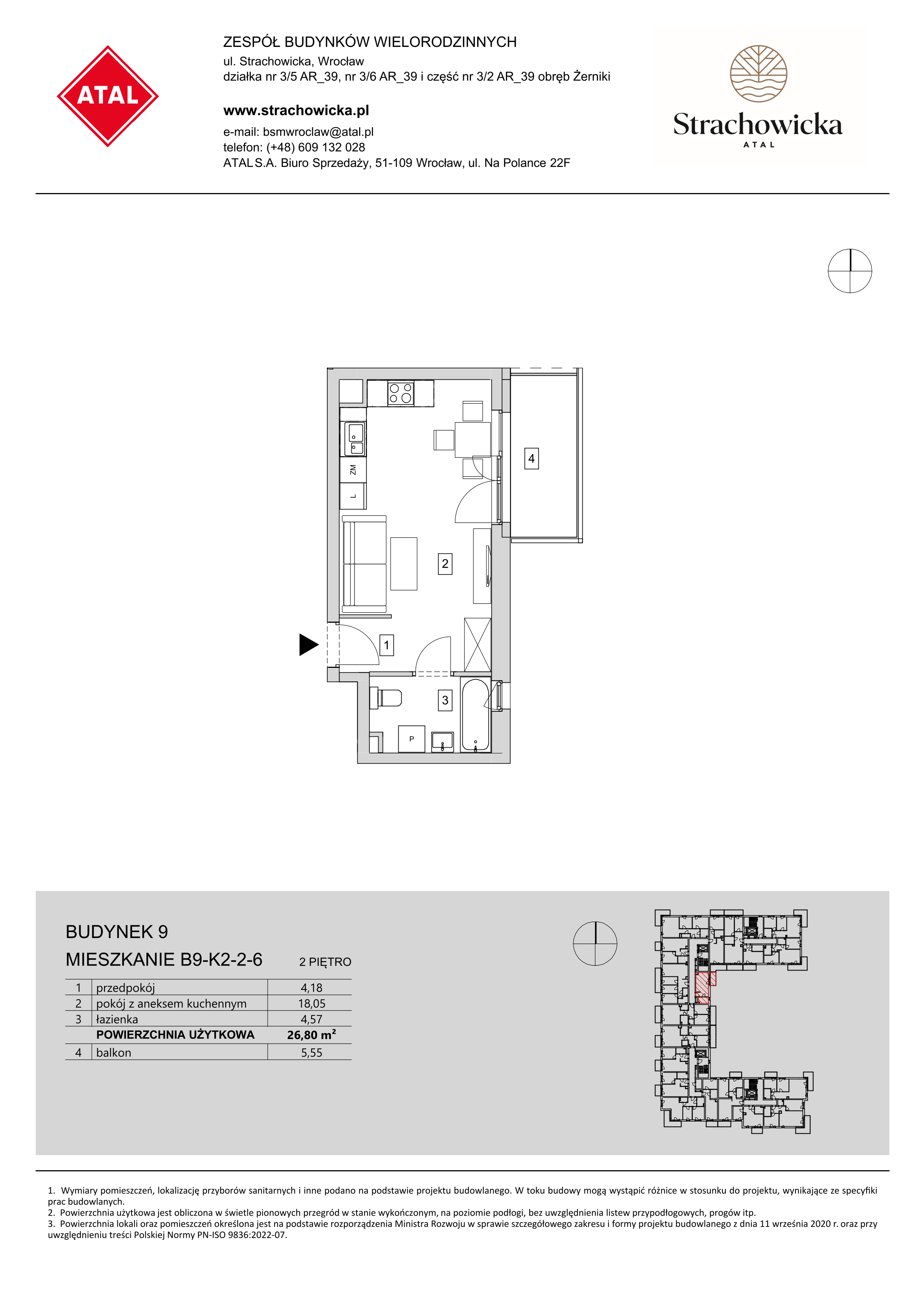 Mieszkanie 26,80 m², piętro 2, oferta nr B9-K2-2-6, ATAL Strachowicka, Wrocław, Żerniki, Fabryczna, ul. Strachowicka-idx