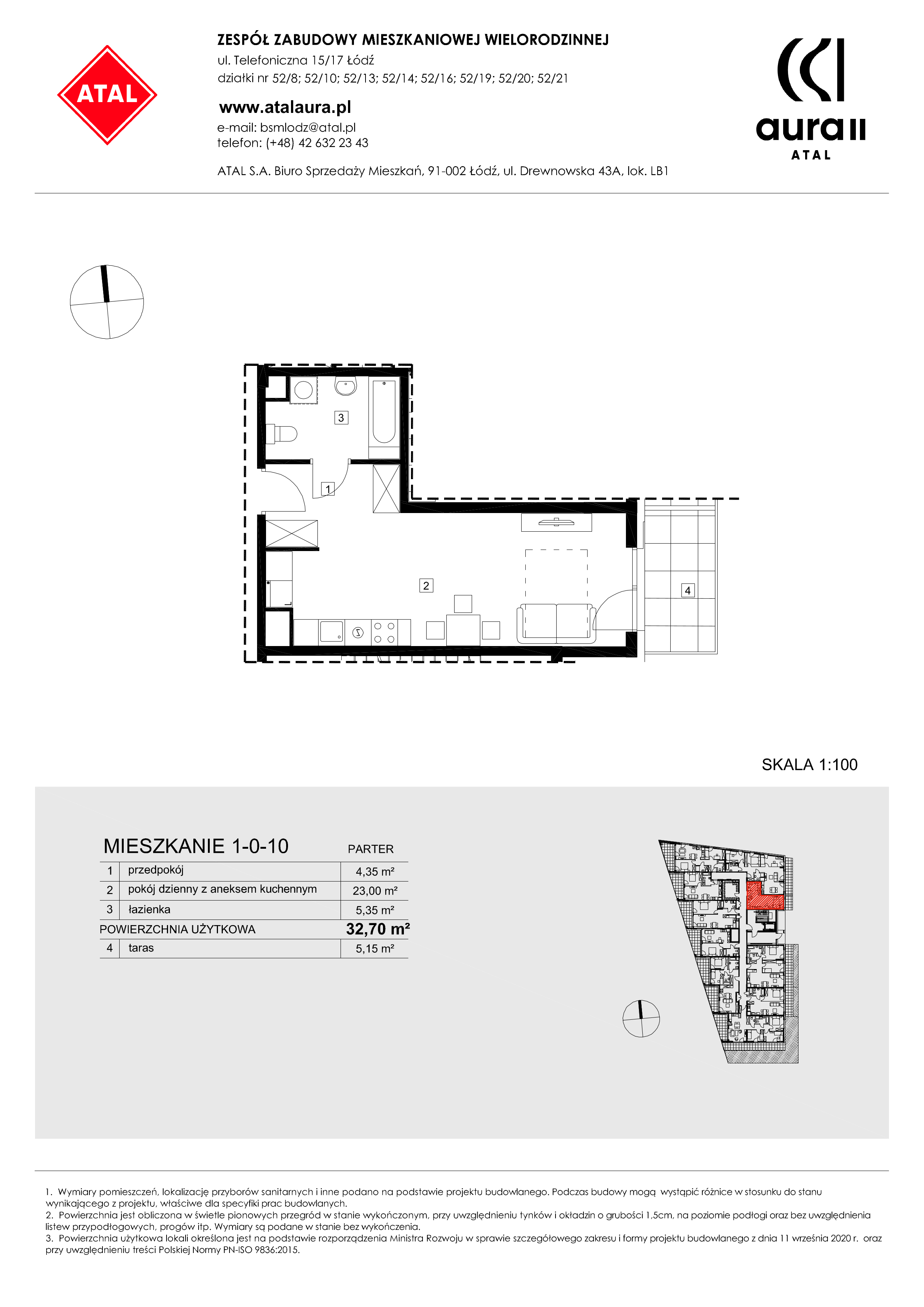 Mieszkanie 32,70 m², parter, oferta nr 1-0-10, ATAL Aura II, Łódź, Bałuty, ul. Telefoniczna 15/17-idx