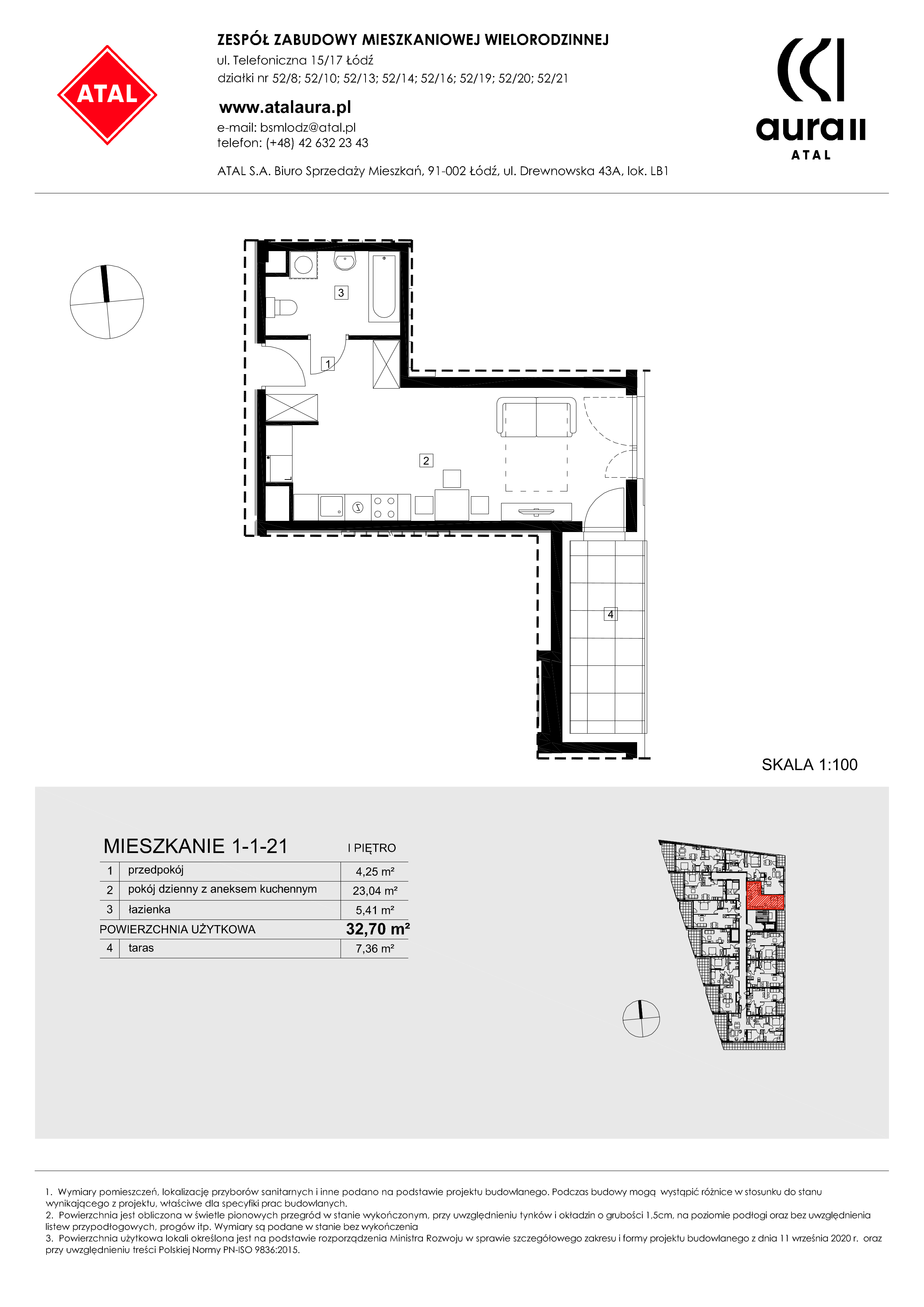 Mieszkanie 32,70 m², piętro 1, oferta nr 1-1-21, ATAL Aura II, Łódź, Bałuty, ul. Telefoniczna 15/17-idx