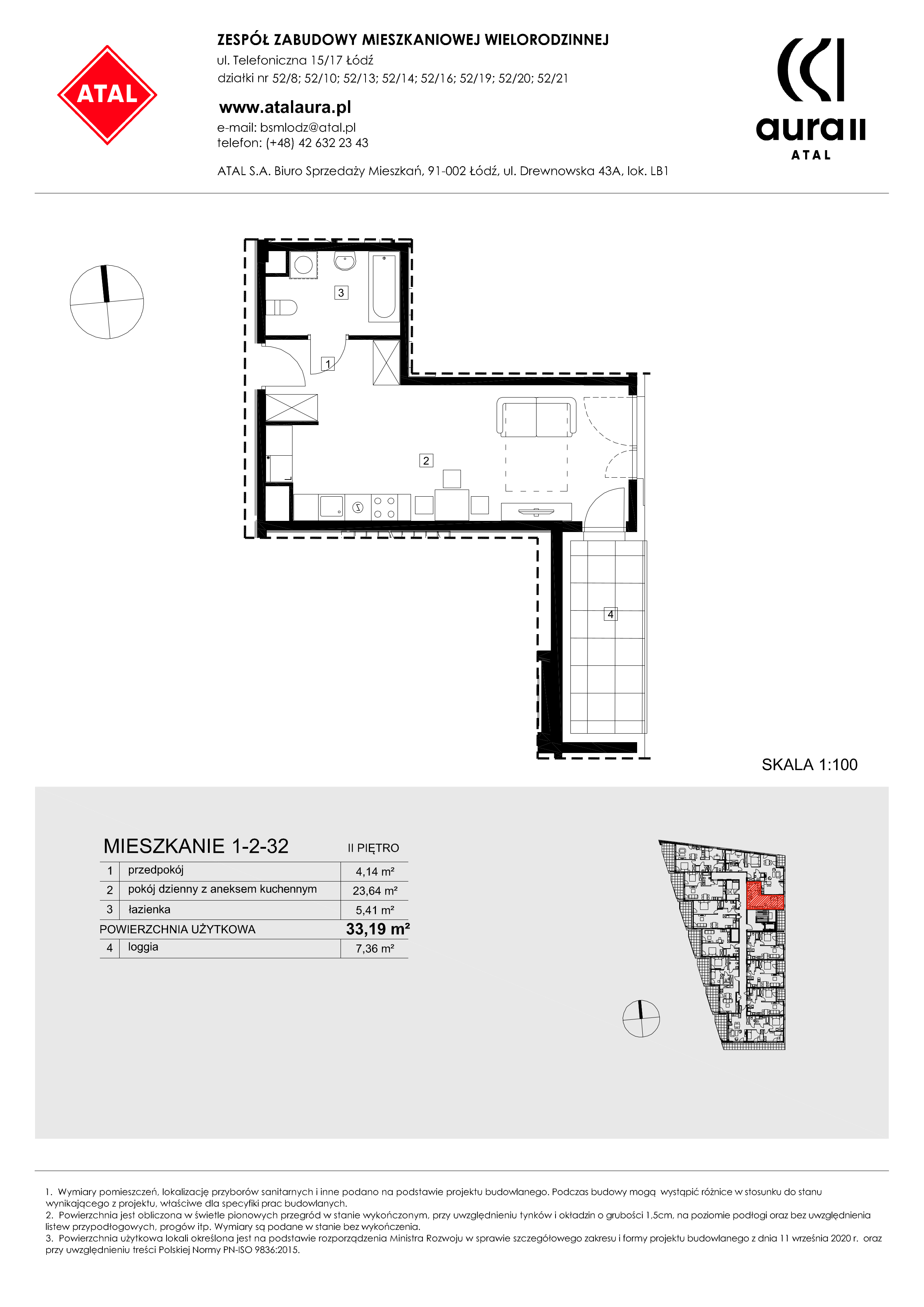 Mieszkanie 33,19 m², piętro 2, oferta nr 1-2-32, ATAL Aura II, Łódź, Bałuty, ul. Telefoniczna 15/17-idx