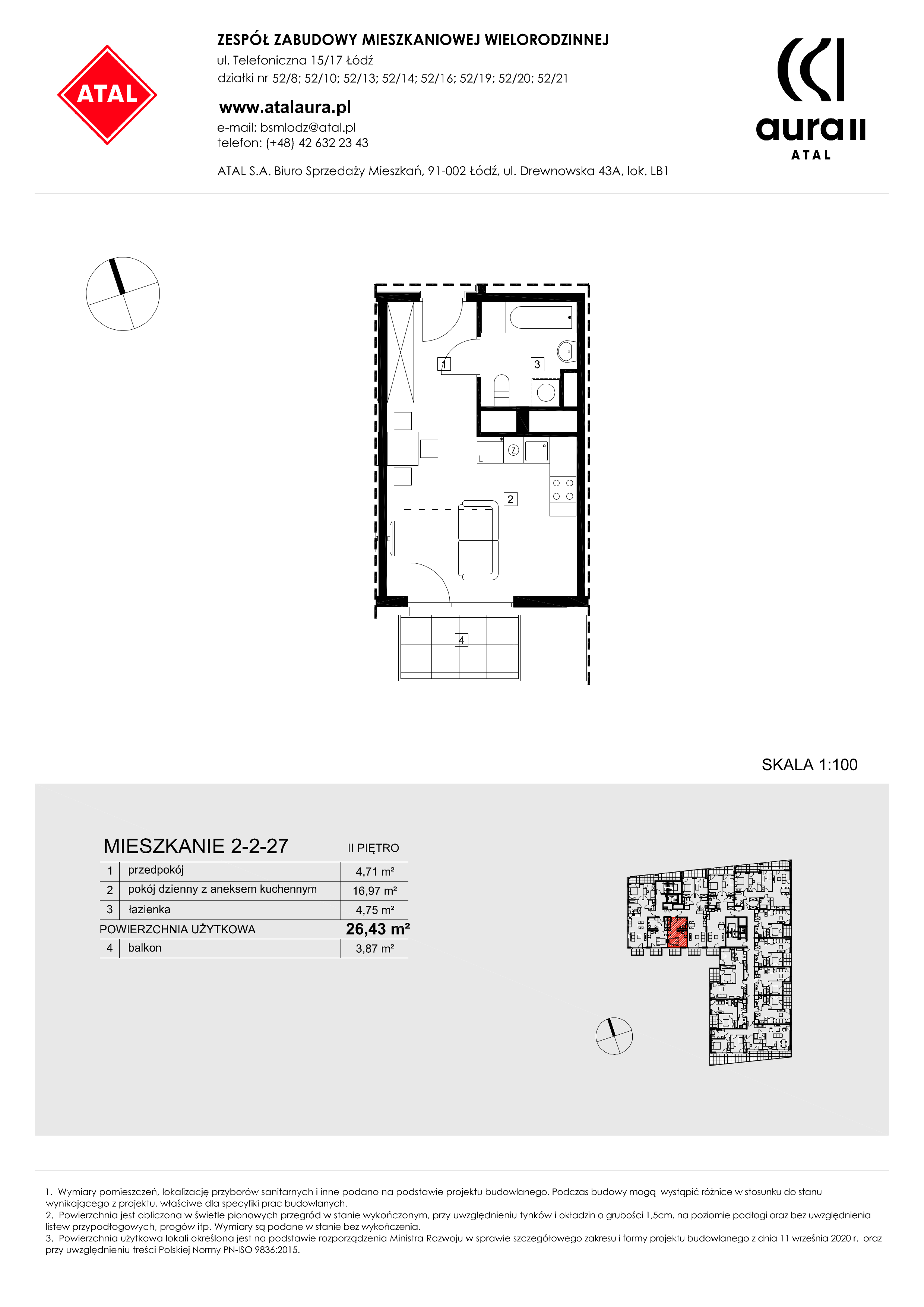 Mieszkanie 26,43 m², piętro 2, oferta nr 2-2-27, ATAL Aura II, Łódź, Bałuty, ul. Telefoniczna 15/17-idx