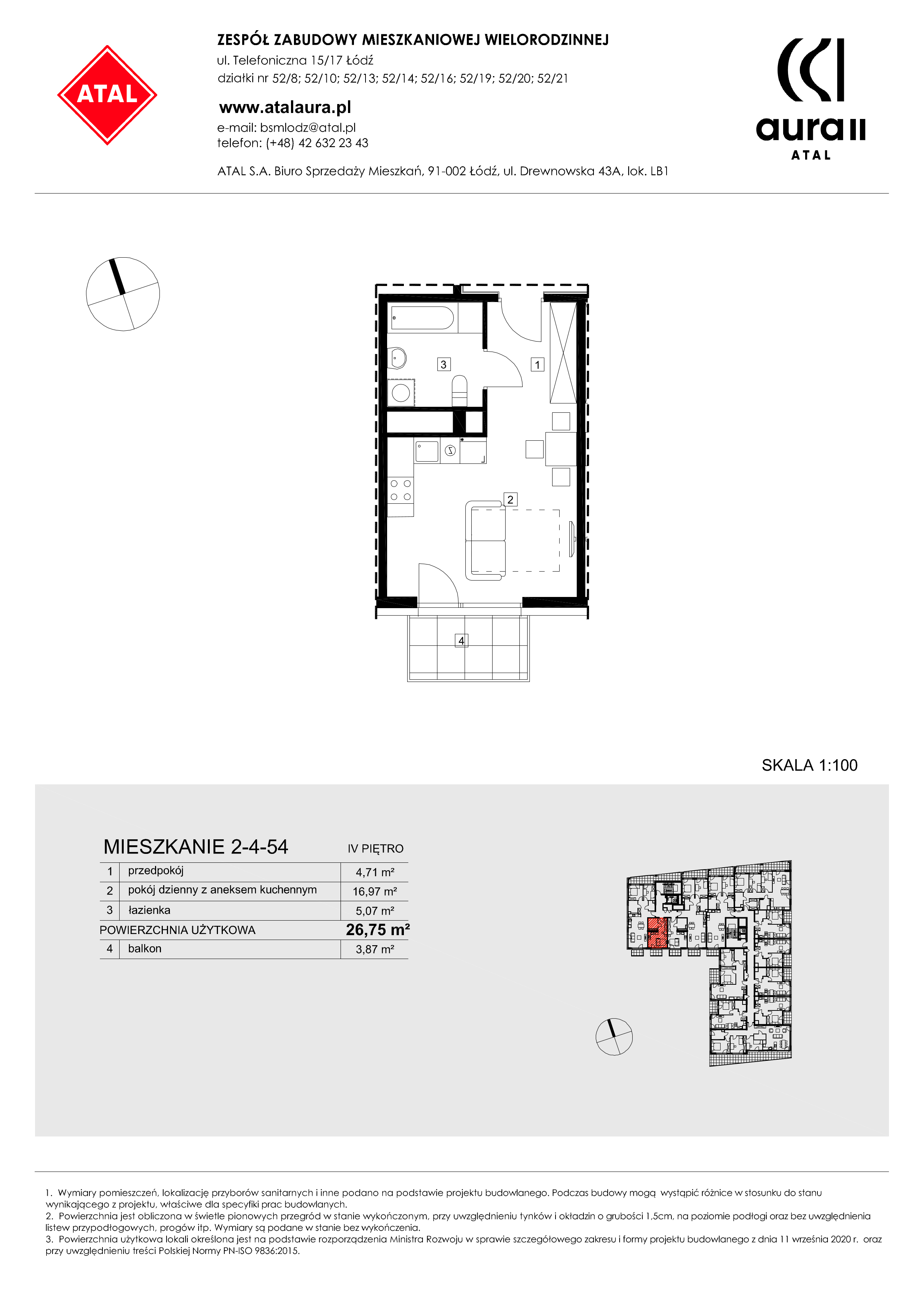 Mieszkanie 26,75 m², piętro 4, oferta nr 2-4-54, ATAL Aura II, Łódź, Bałuty, ul. Telefoniczna 15/17-idx