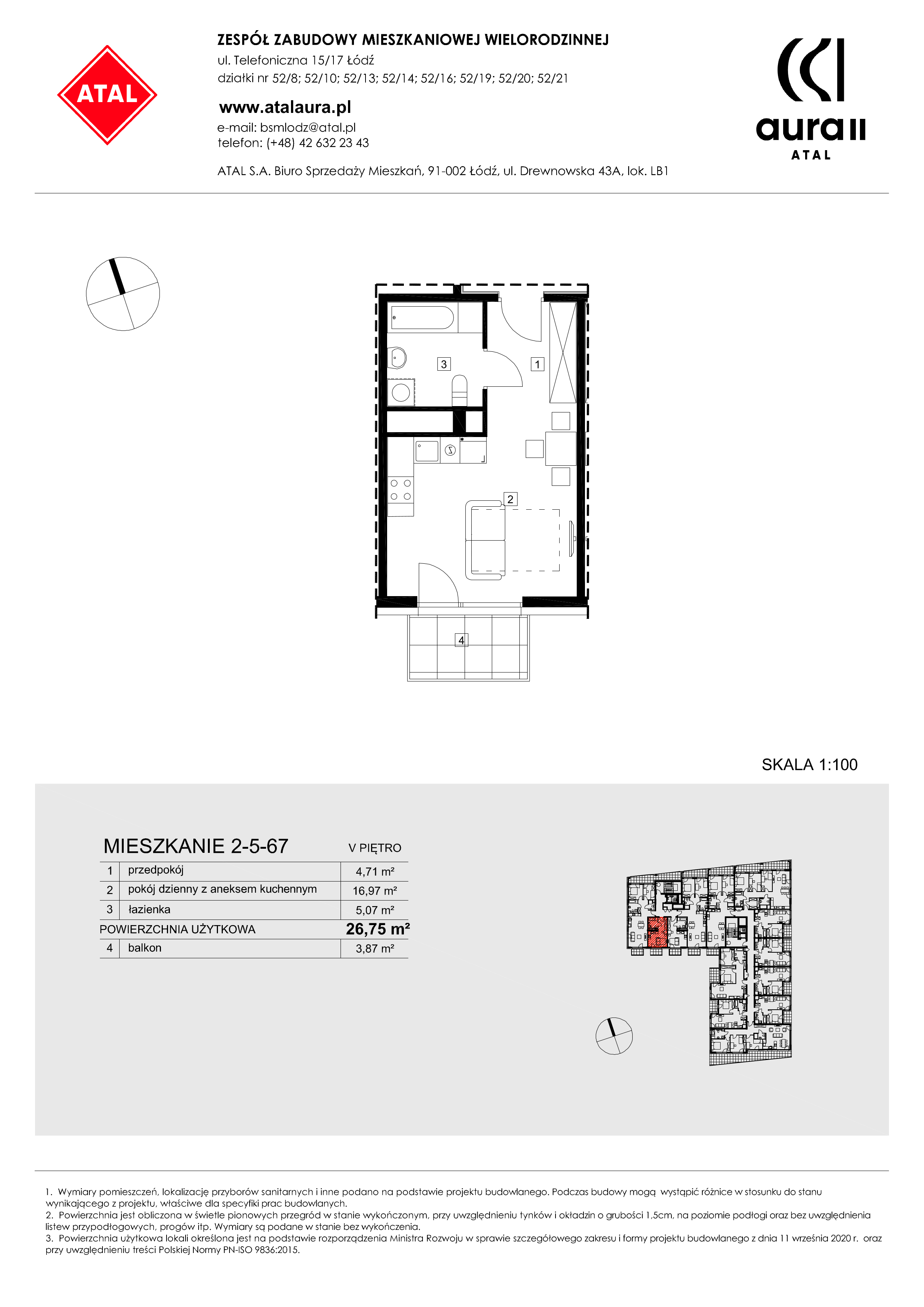 Mieszkanie 26,75 m², piętro 5, oferta nr 2-5-67, ATAL Aura II, Łódź, Bałuty, ul. Telefoniczna 15/17-idx