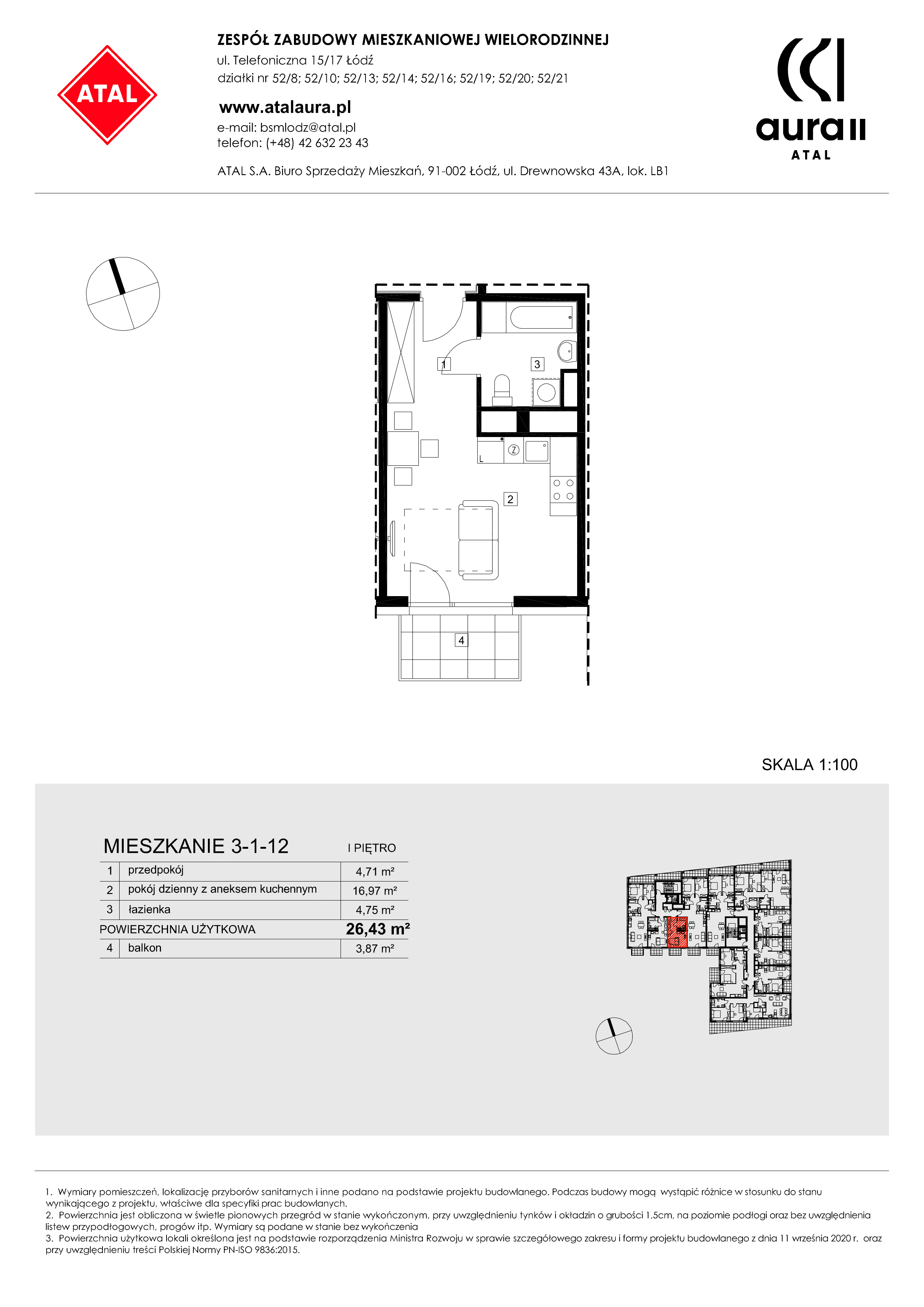 Mieszkanie 26,43 m², piętro 1, oferta nr 3-1-12, ATAL Aura II, Łódź, Bałuty, ul. Telefoniczna 15/17-idx