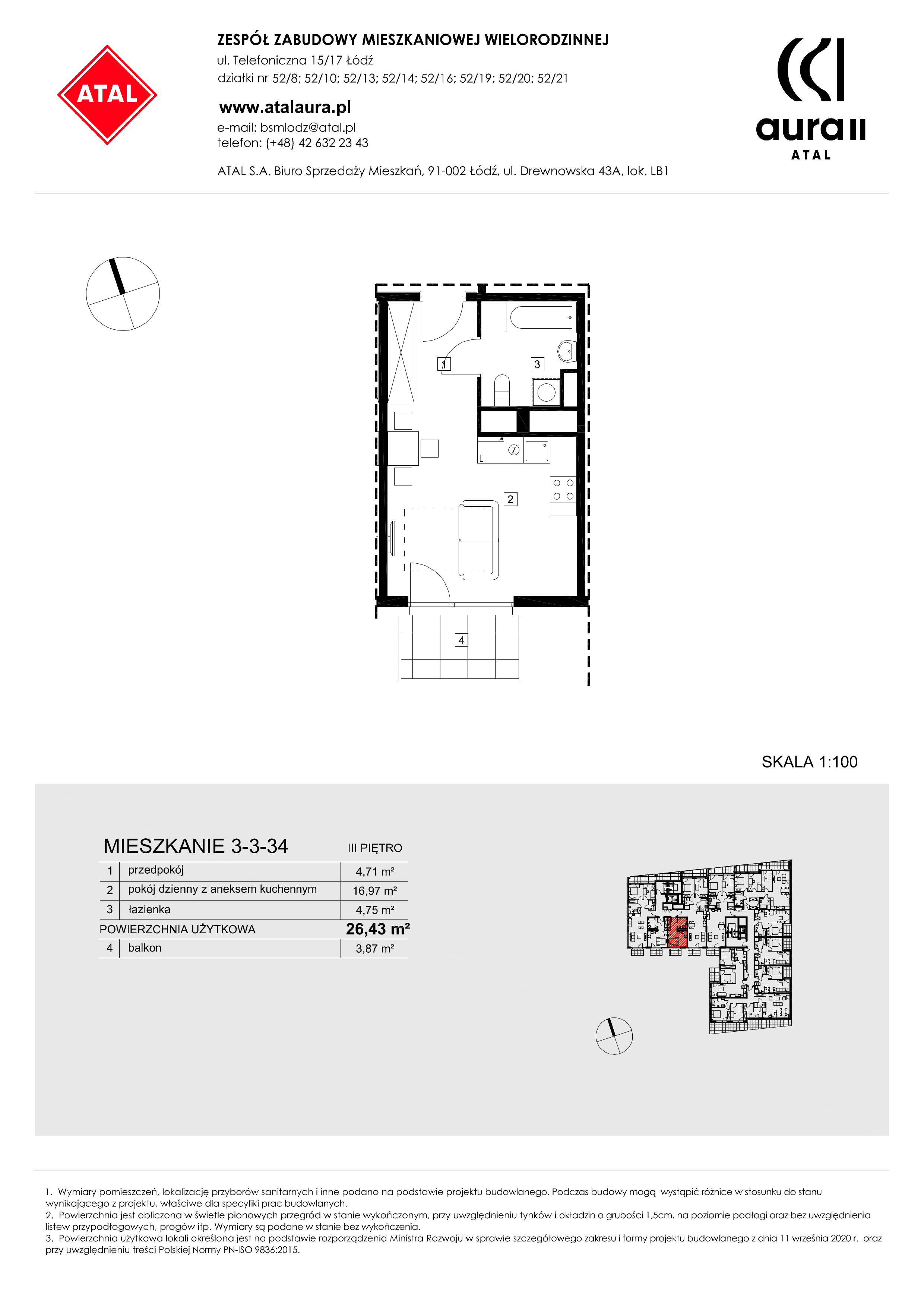 Mieszkanie 26,43 m², piętro 3, oferta nr 3-3-34, ATAL Aura II, Łódź, Bałuty, ul. Telefoniczna 15/17-idx