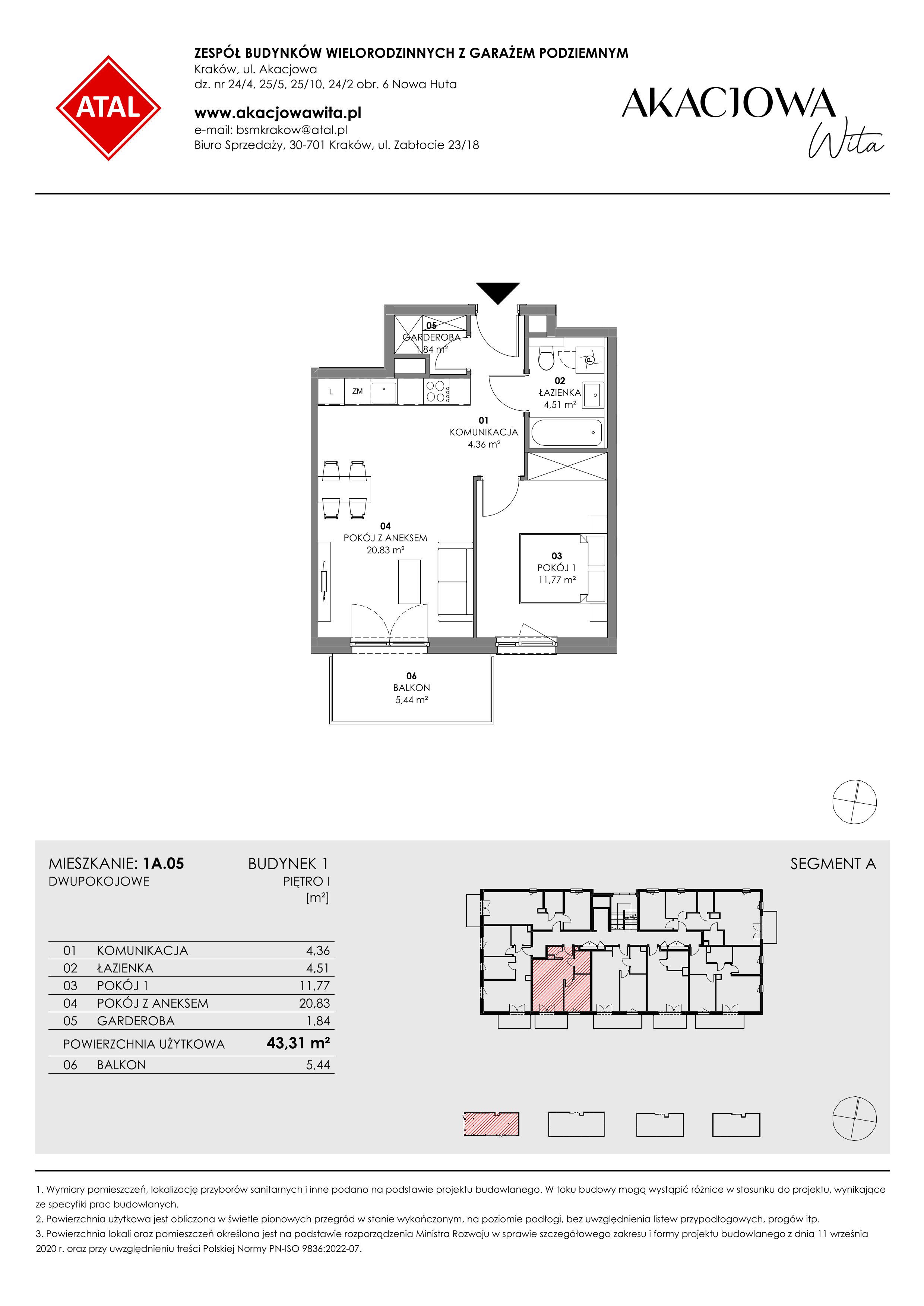 Mieszkanie 43,31 m², piętro 1, oferta nr 1A.05, Akacjowa Wita, Kraków, Prądnik Czerwony, Rakowice, ul. Akacjowa-idx