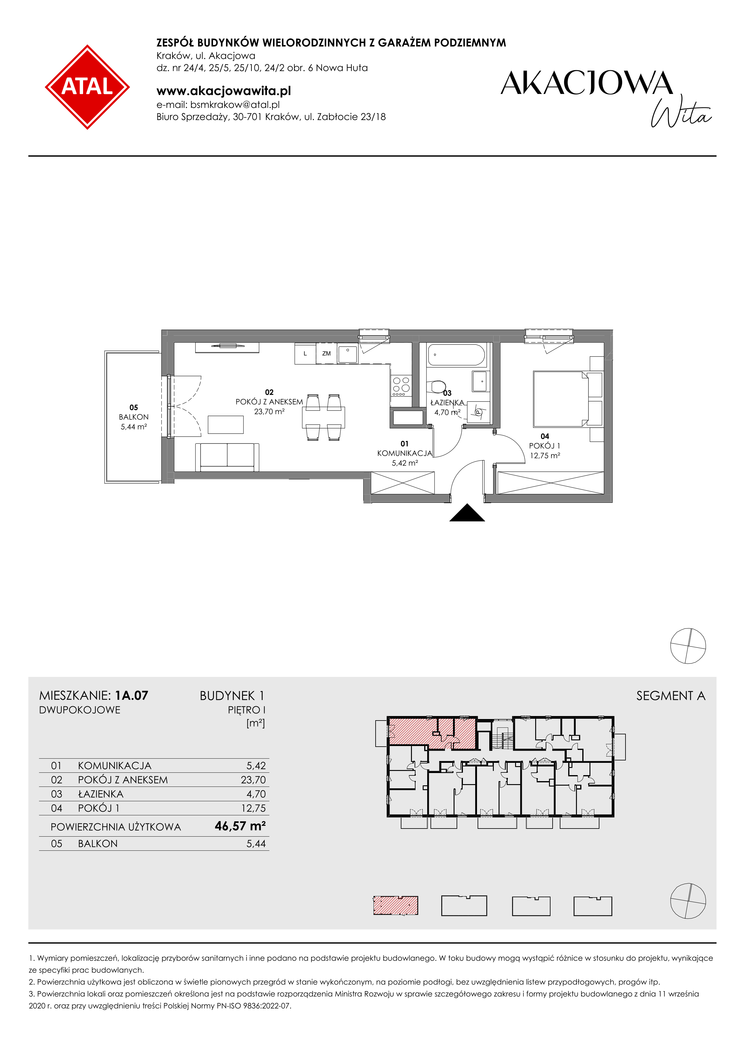 Mieszkanie 46,57 m², piętro 1, oferta nr 1A.07, Akacjowa Wita, Kraków, Prądnik Czerwony, Rakowice, ul. Akacjowa-idx