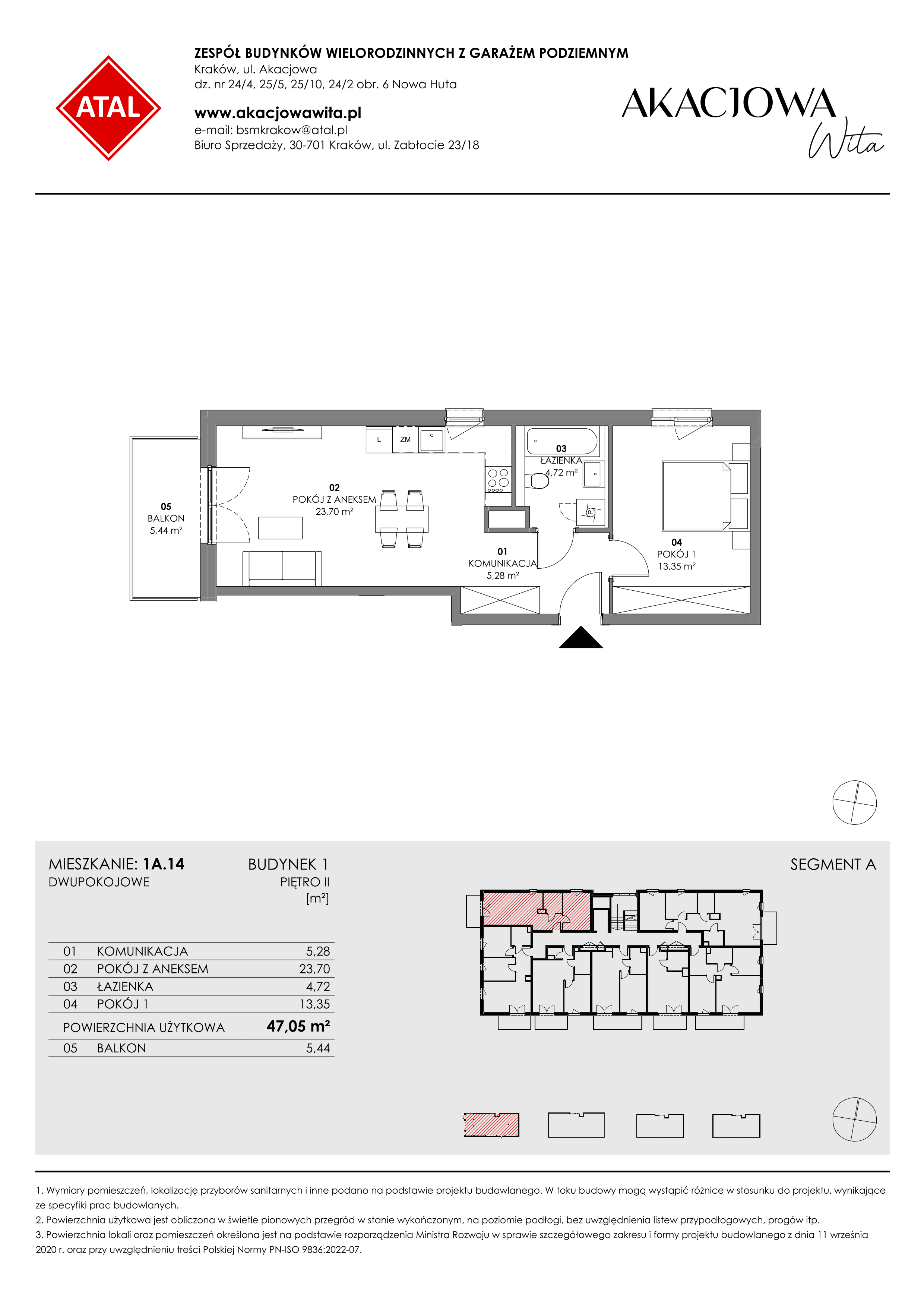 Mieszkanie 47,05 m², piętro 2, oferta nr 1A.14, Akacjowa Wita, Kraków, Prądnik Czerwony, Rakowice, ul. Akacjowa-idx