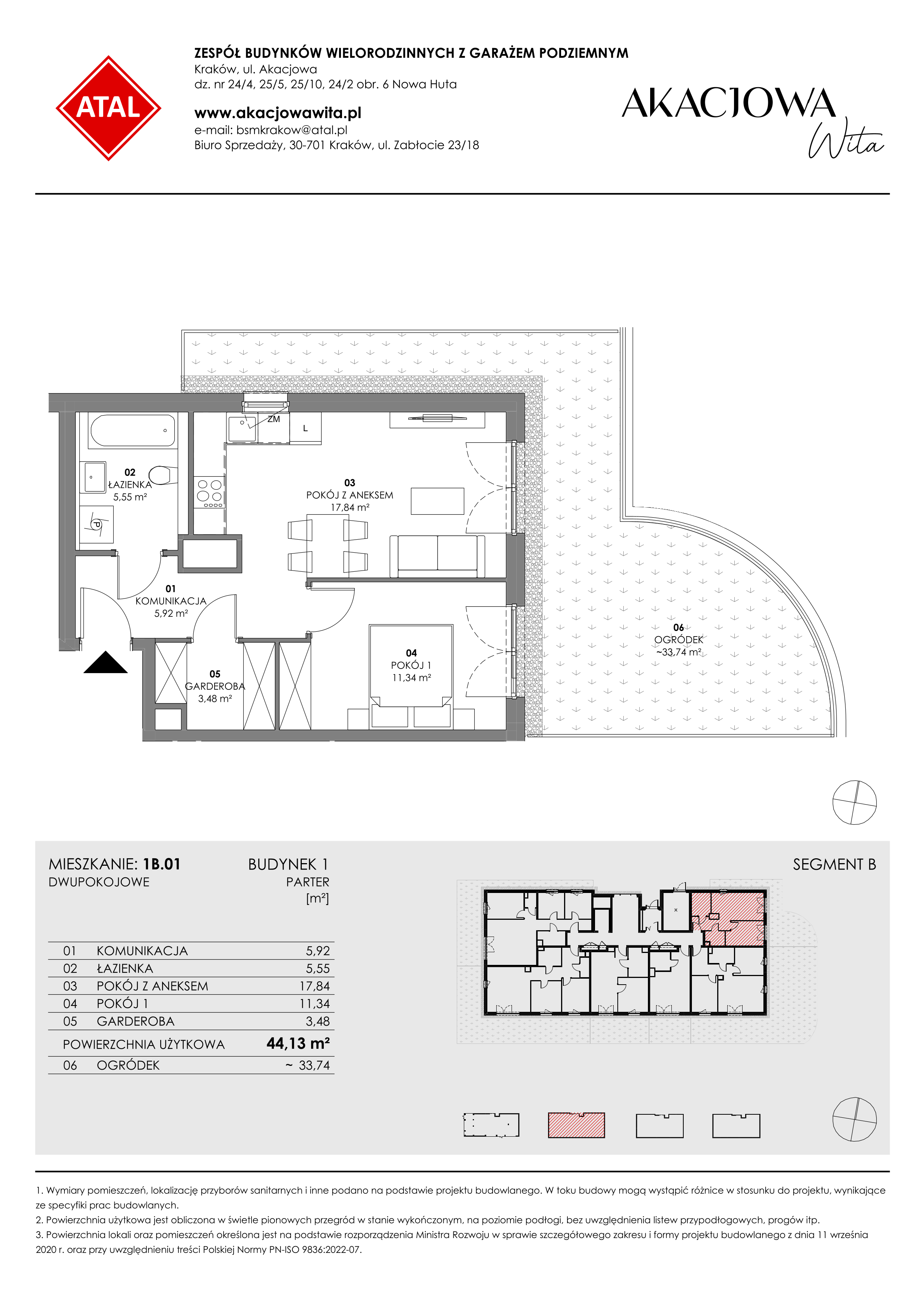 Mieszkanie 44,13 m², parter, oferta nr 1B.01, Akacjowa Wita, Kraków, Prądnik Czerwony, Rakowice, ul. Akacjowa-idx