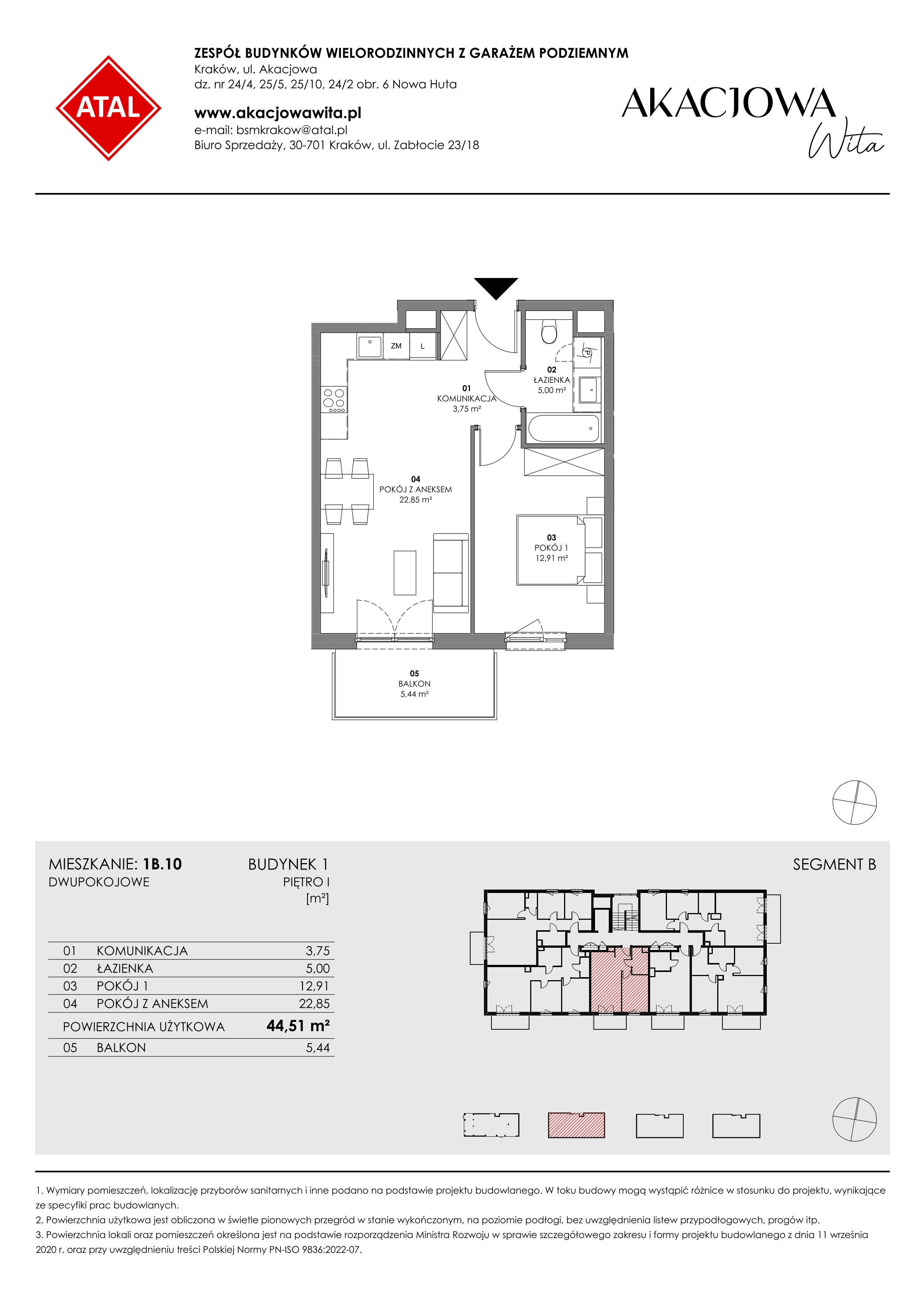 Mieszkanie 44,51 m², piętro 1, oferta nr 1B.10, Akacjowa Wita, Kraków, Prądnik Czerwony, Rakowice, ul. Akacjowa-idx