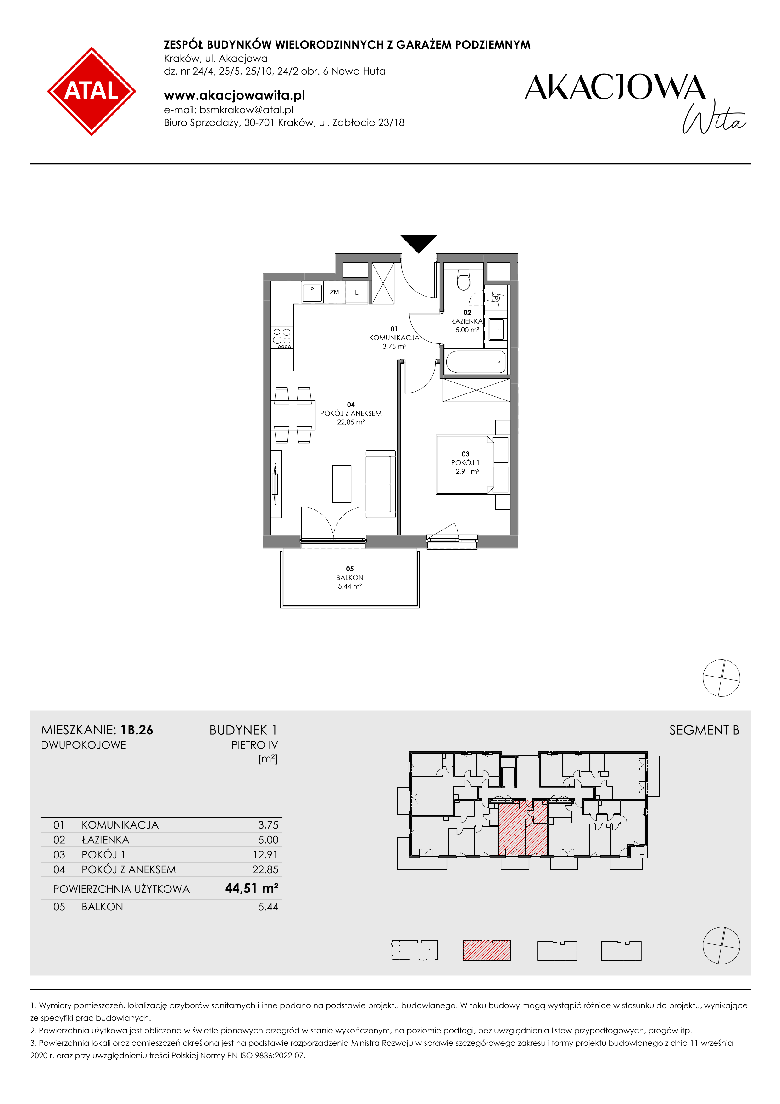 Mieszkanie 44,51 m², piętro 4, oferta nr 1B.26, Akacjowa Wita, Kraków, Prądnik Czerwony, Rakowice, ul. Akacjowa-idx