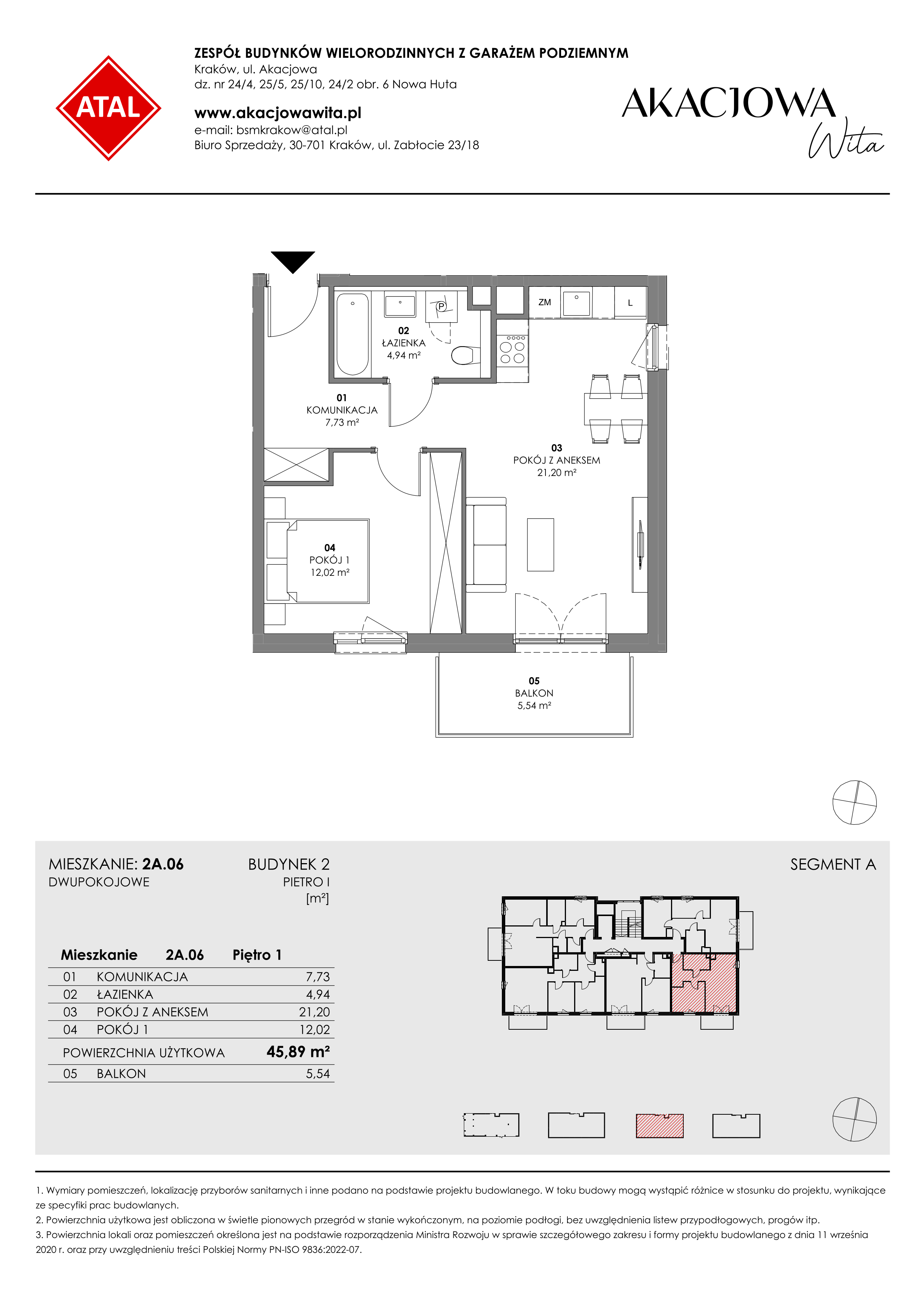 Mieszkanie 45,89 m², piętro 1, oferta nr 2A.06, Akacjowa Wita, Kraków, Prądnik Czerwony, Rakowice, ul. Akacjowa-idx