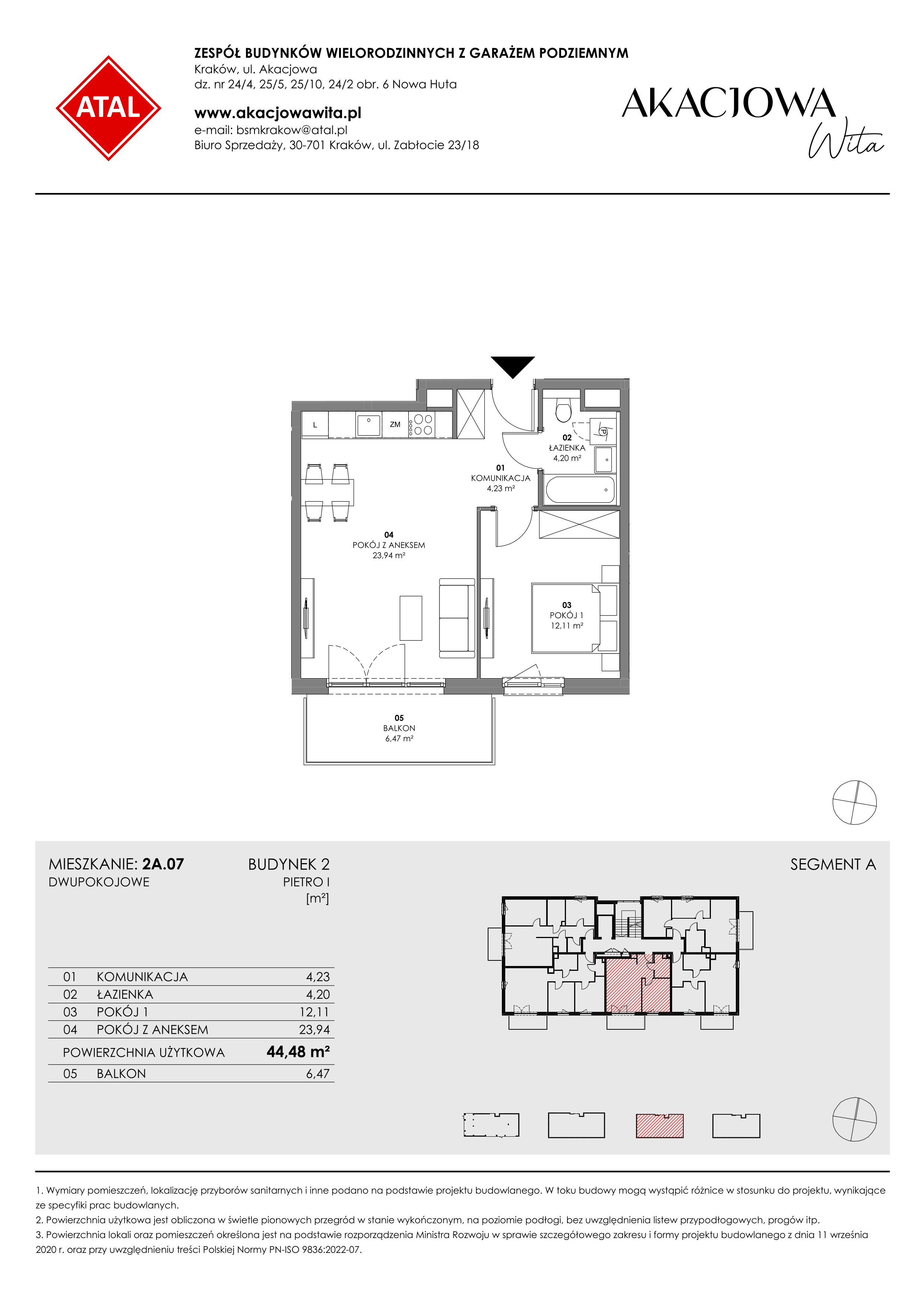 Mieszkanie 44,48 m², piętro 1, oferta nr 2A.07, Akacjowa Wita, Kraków, Prądnik Czerwony, Rakowice, ul. Akacjowa-idx