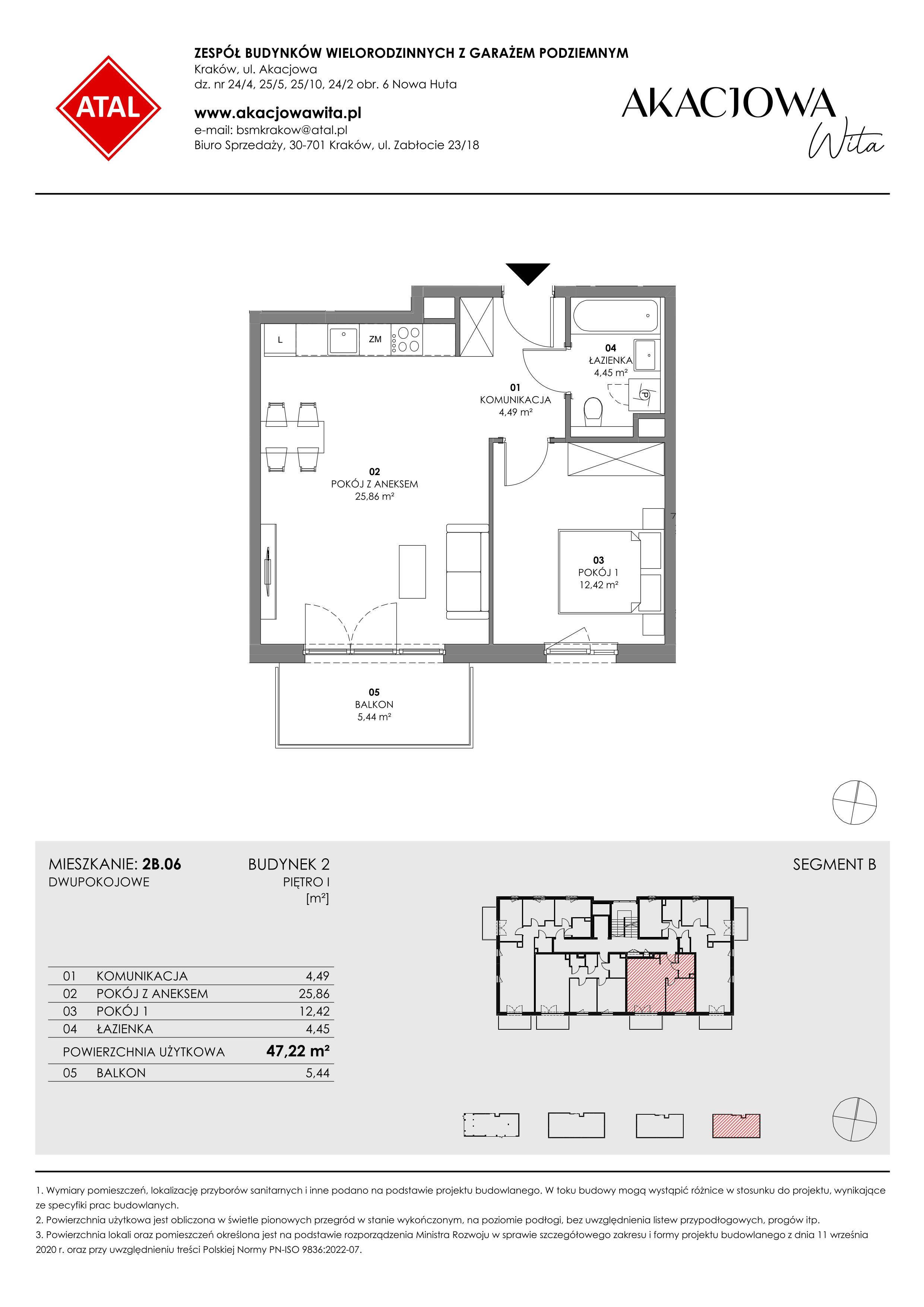 Mieszkanie 47,22 m², piętro 1, oferta nr 2B.06, Akacjowa Wita, Kraków, Prądnik Czerwony, Rakowice, ul. Akacjowa-idx