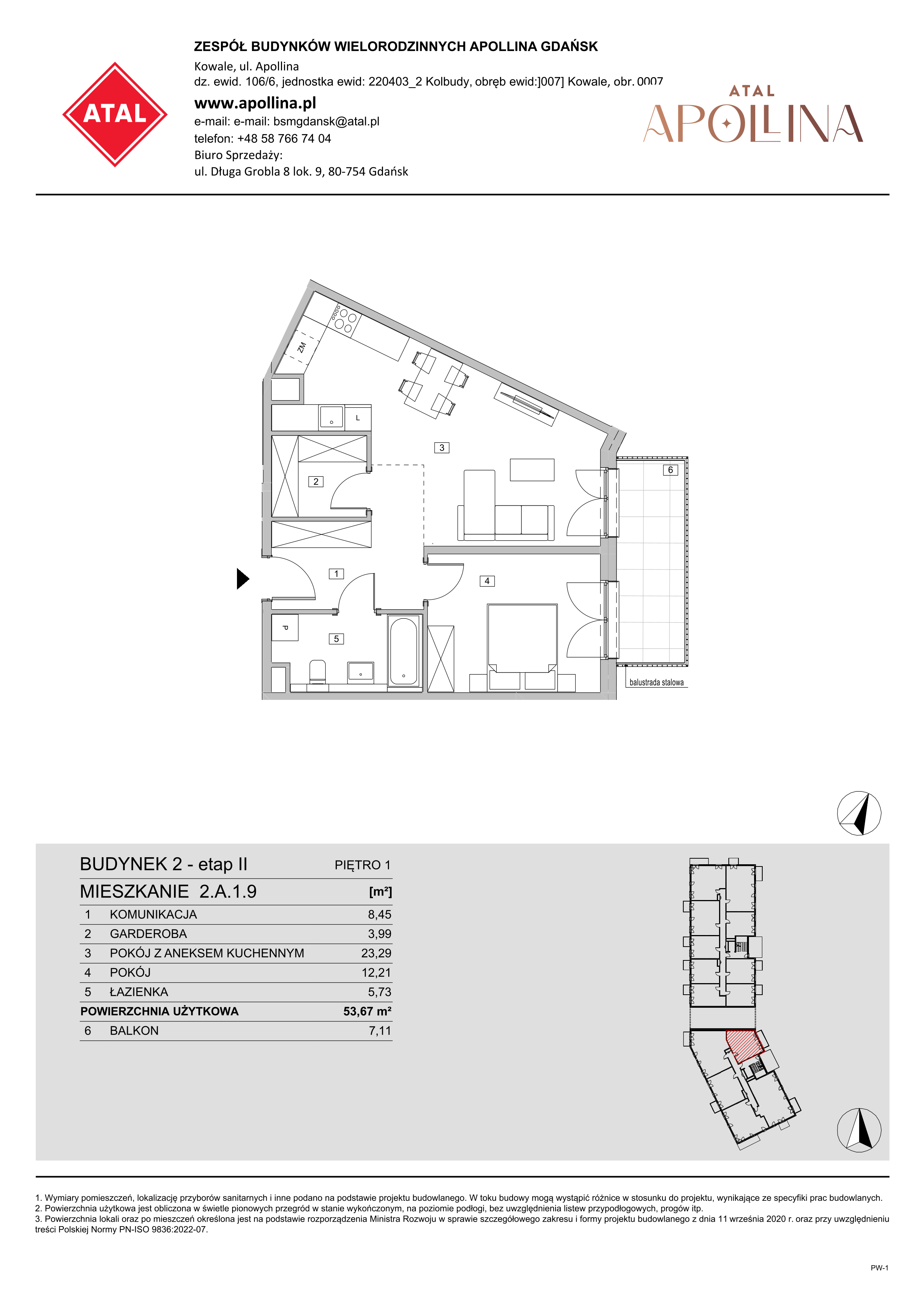 Mieszkanie 53,67 m², piętro 1, oferta nr 2.A.1.9, ATAL Apollina II, Kowale, ul. Apollina-idx