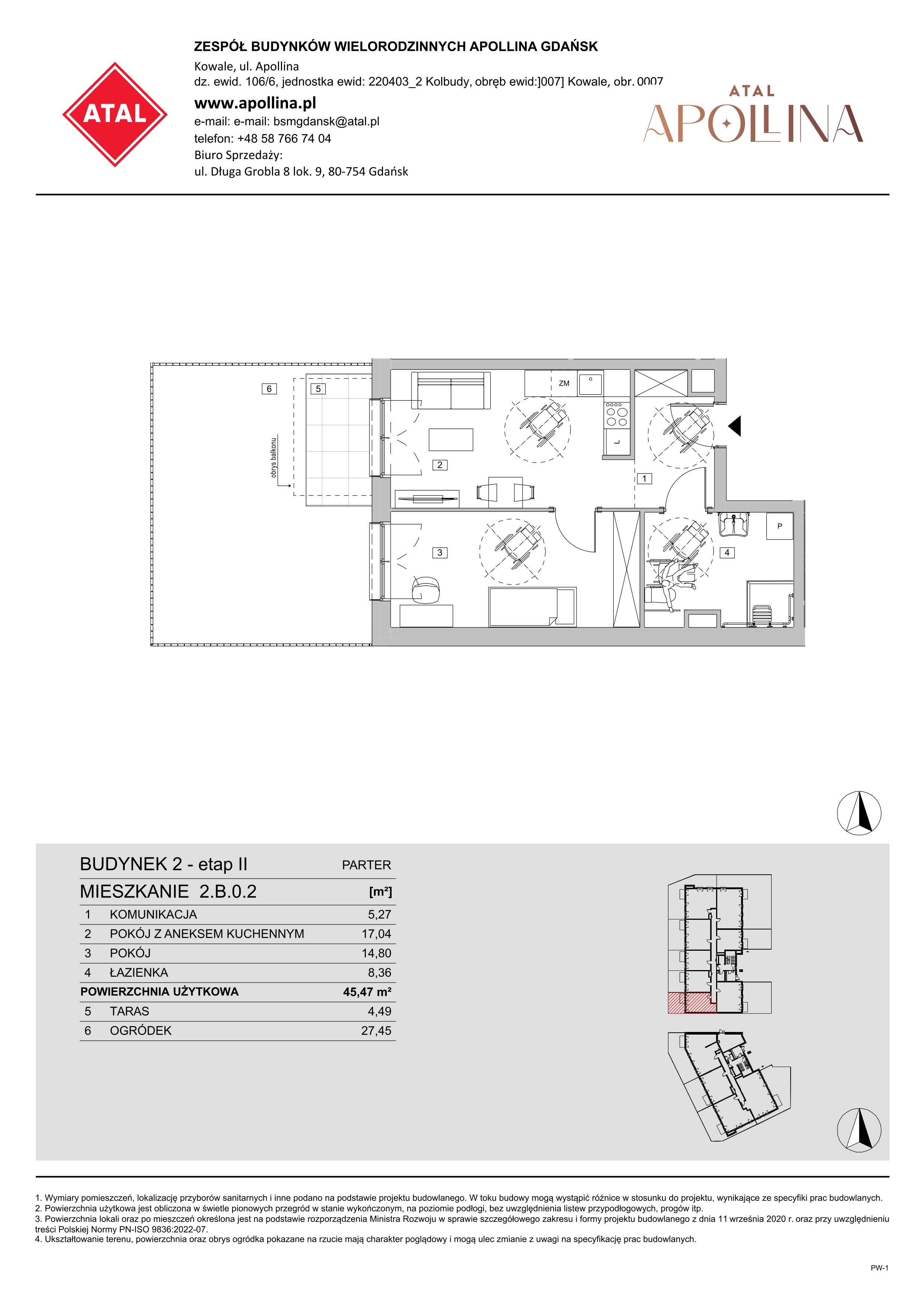 Mieszkanie 45,47 m², parter, oferta nr 2.B.0.2, ATAL Apollina II, Kowale, ul. Apollina-idx