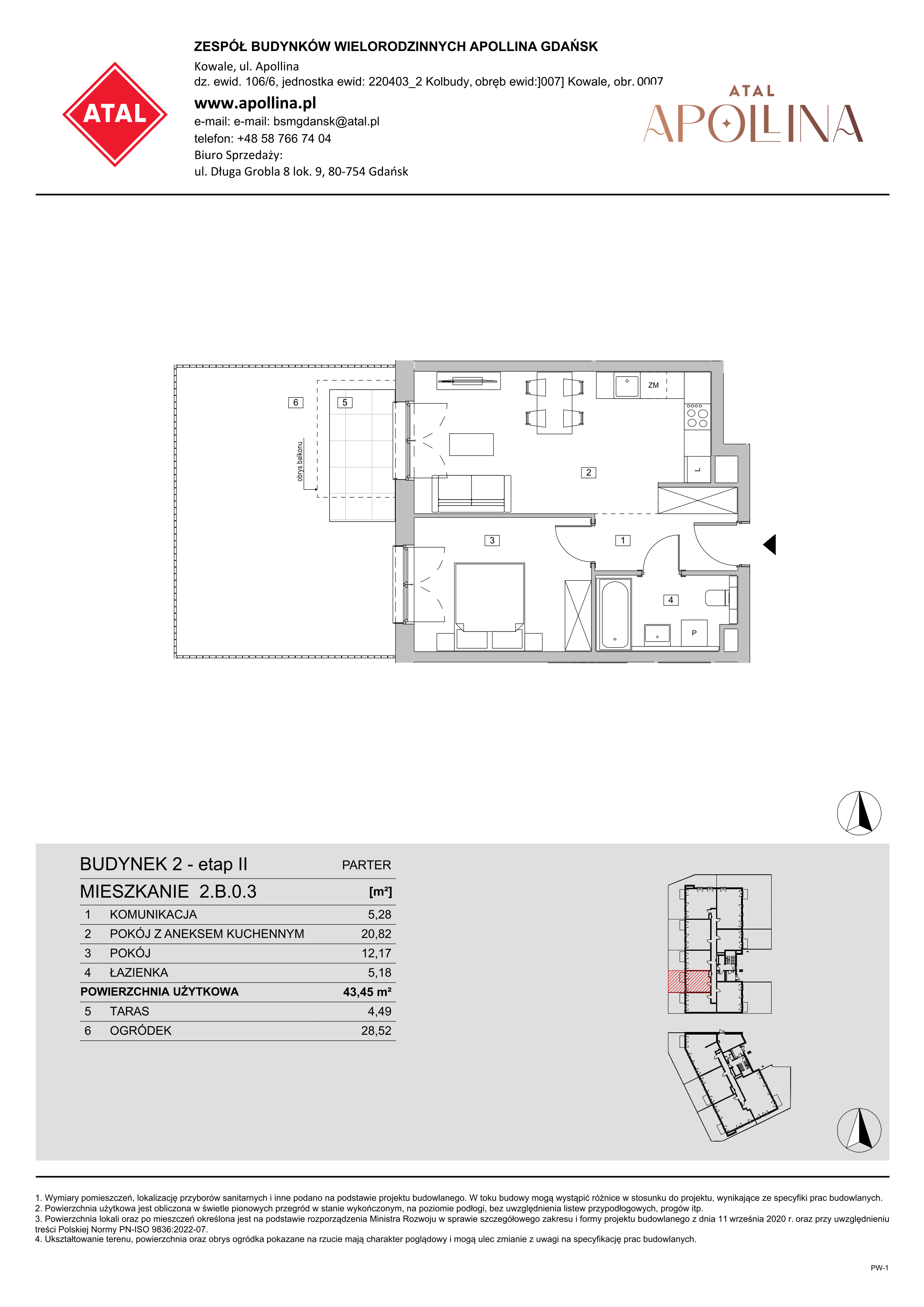 Mieszkanie 43,45 m², parter, oferta nr 2.B.0.3, ATAL Apollina II, Kowale, ul. Apollina-idx