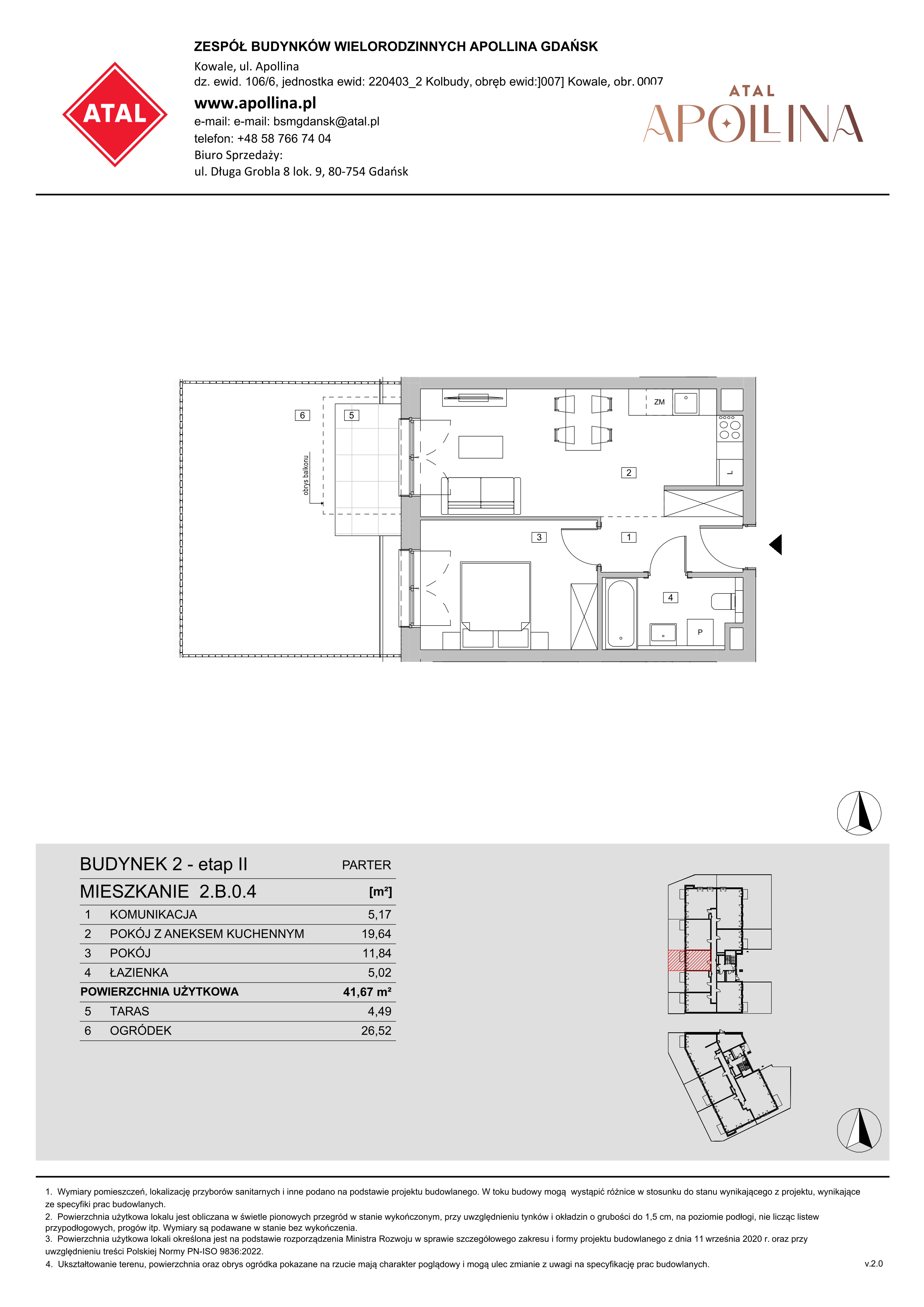 Mieszkanie 41,67 m², parter, oferta nr 2.B.0.4, ATAL Apollina II, Kowale, ul. Apollina-idx