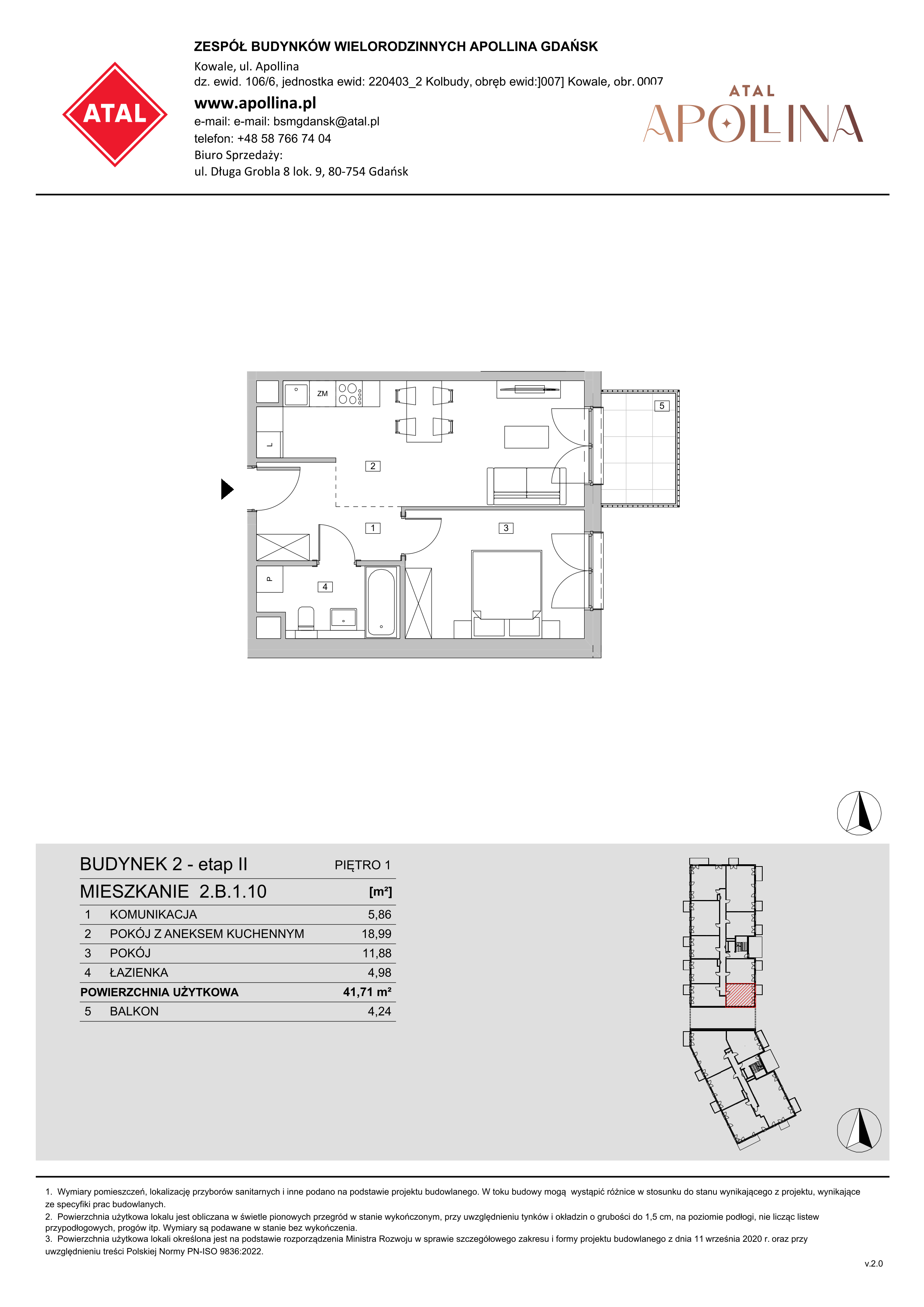 Mieszkanie 41,71 m², piętro 1, oferta nr 2.B.1.10, ATAL Apollina II, Kowale, ul. Apollina-idx