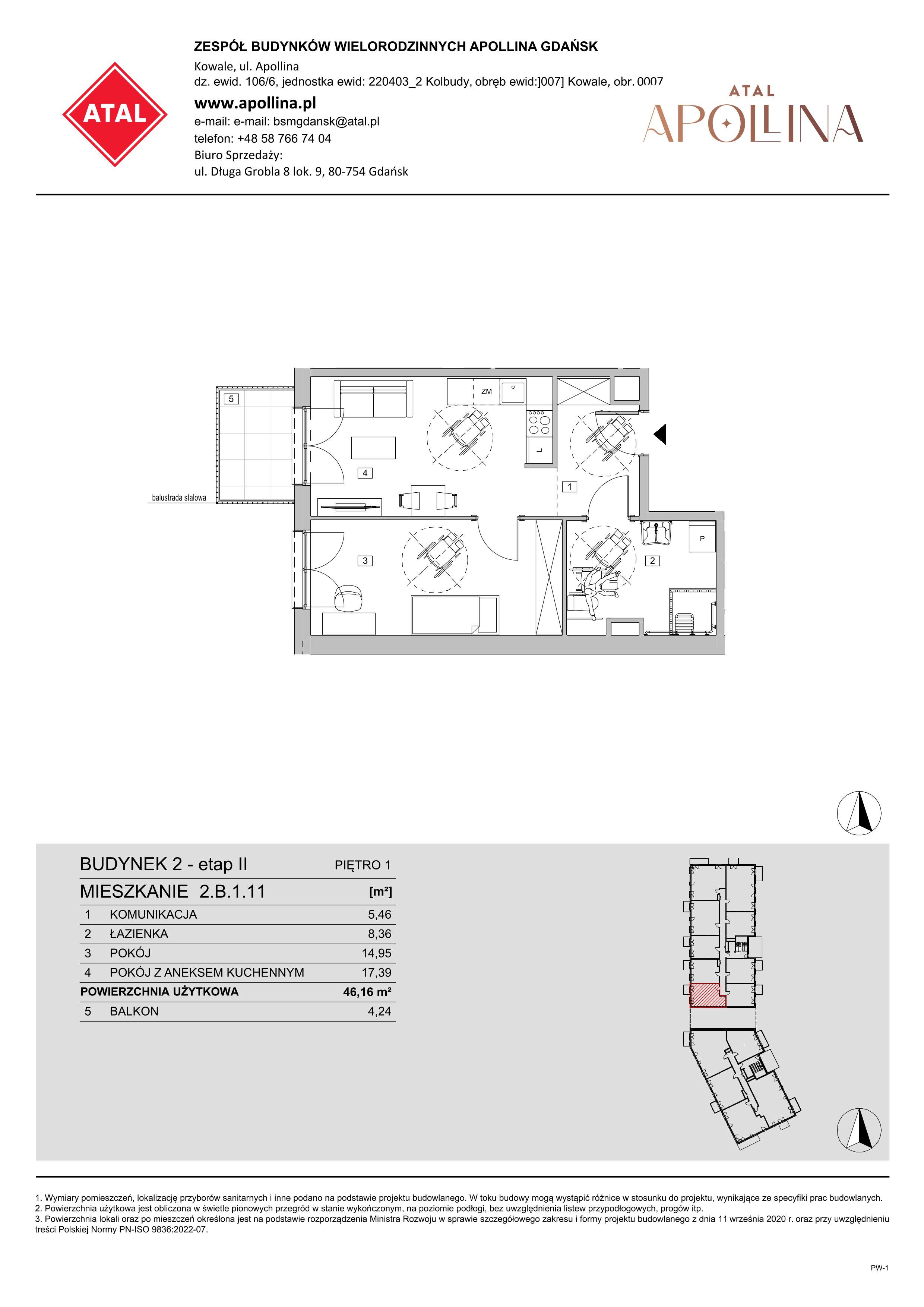 Mieszkanie 46,16 m², piętro 1, oferta nr 2.B.1.11, ATAL Apollina II, Kowale, ul. Apollina-idx