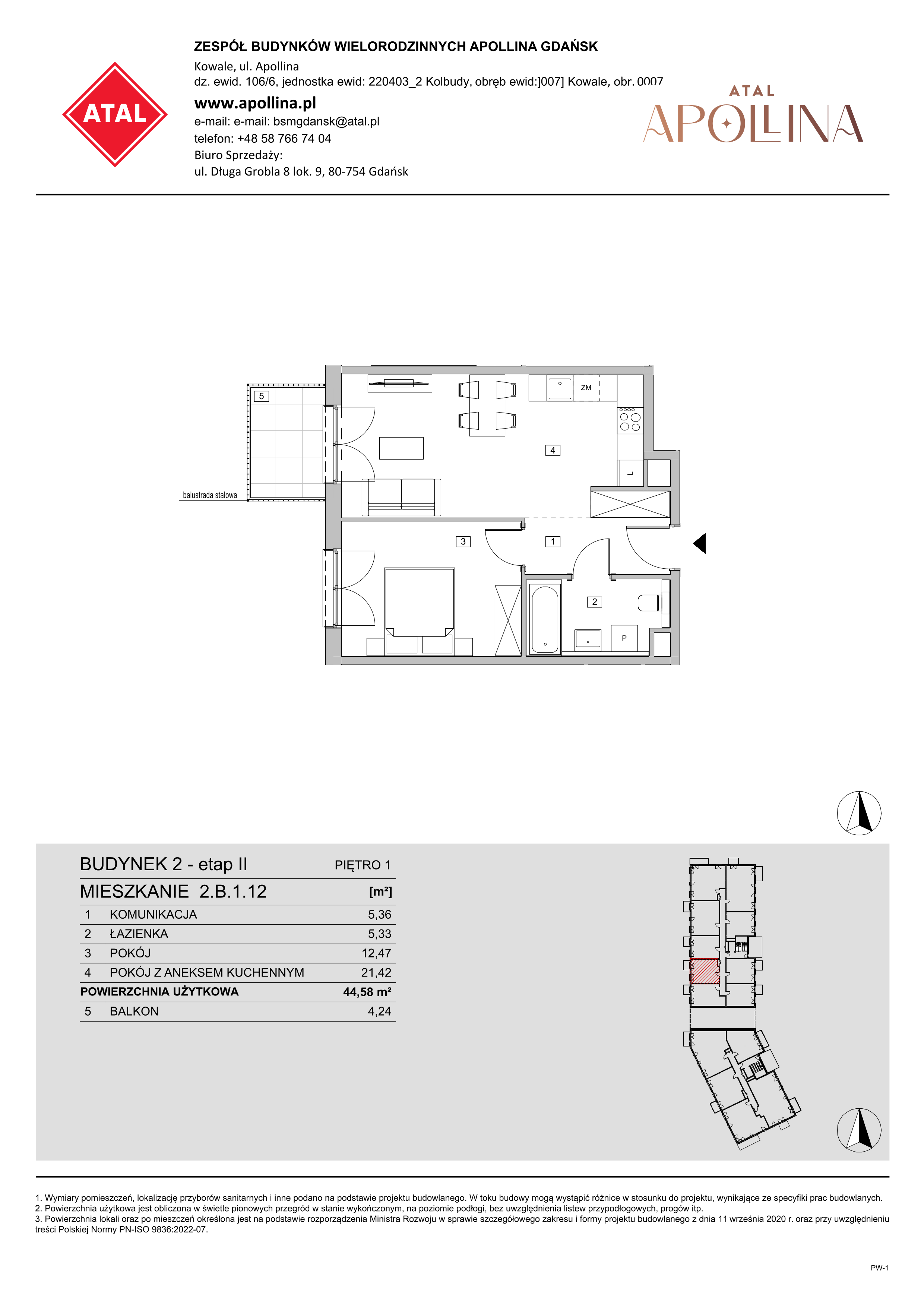 Mieszkanie 44,58 m², piętro 1, oferta nr 2.B.1.12, ATAL Apollina II, Kowale, ul. Apollina-idx